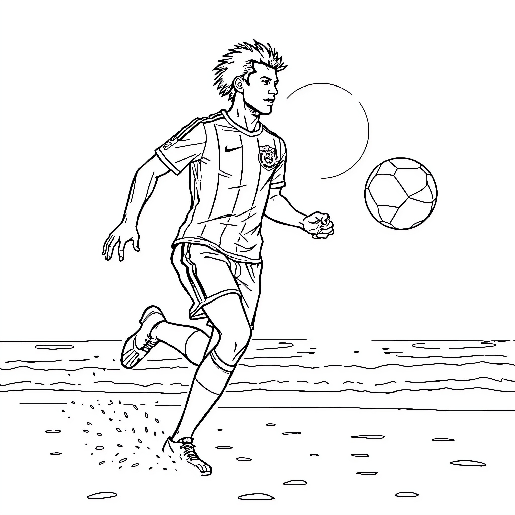 Jogador chutando bola na praia Coloring Page (free black-and-white line drawing printable PDF for all, from beginners to advanced learners, including children, teens, adults, and seniors)