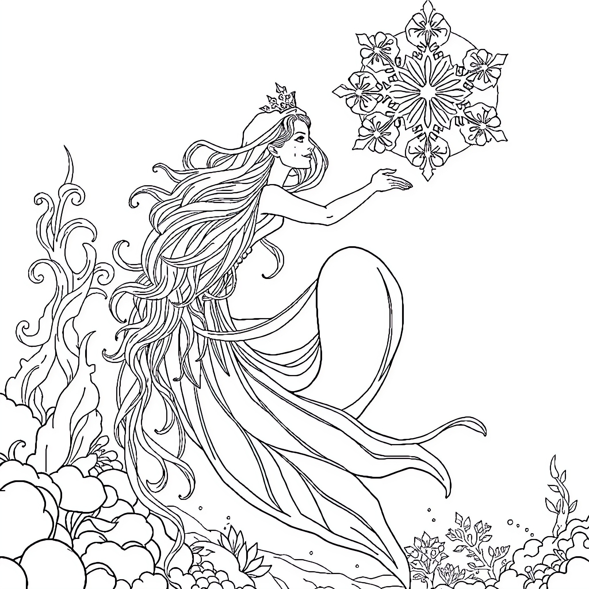 Mermaid creating a magical snowflake underwater Coloring Page (free black-and-white line drawing printable PDF for all, from beginners to advanced learners, including children, teens, adults, and seniors)