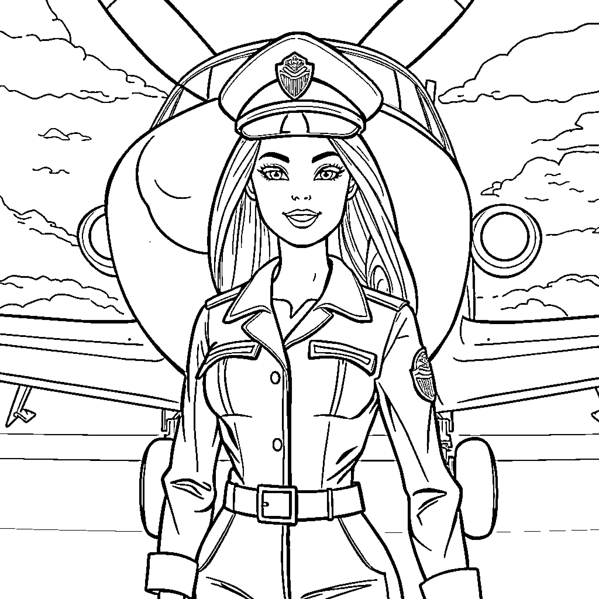 Barbie Pilot Posing with Airplane Coloring Page (free black-and-white line drawing printable PDF for all, from beginners to advanced learners, including children, teens, adults, and seniors)