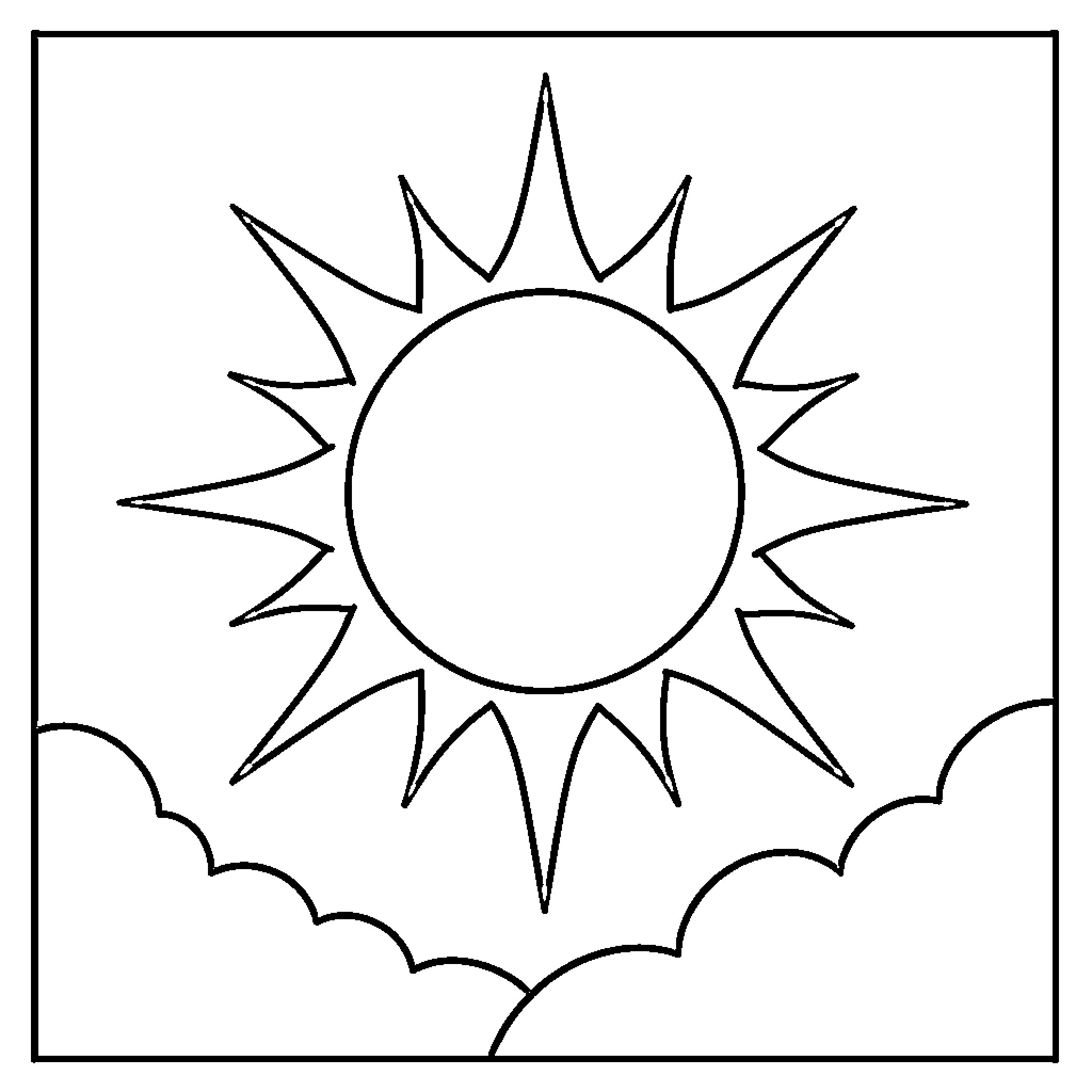 Sun shining brightly in the sky Coloring Page (free black-and-white line drawing printable PDF for all, from beginners to advanced learners, including children, teens, adults, and seniors)