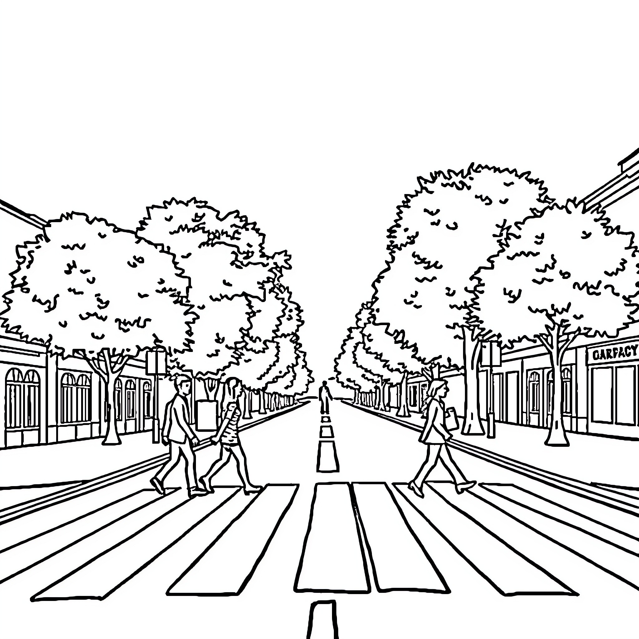 Abbey Road Crossing in a Bustling Urban Scene Coloring Page (free black-and-white line drawing printable PDF for all, from beginners to advanced learners, including children, teens, adults, and seniors)