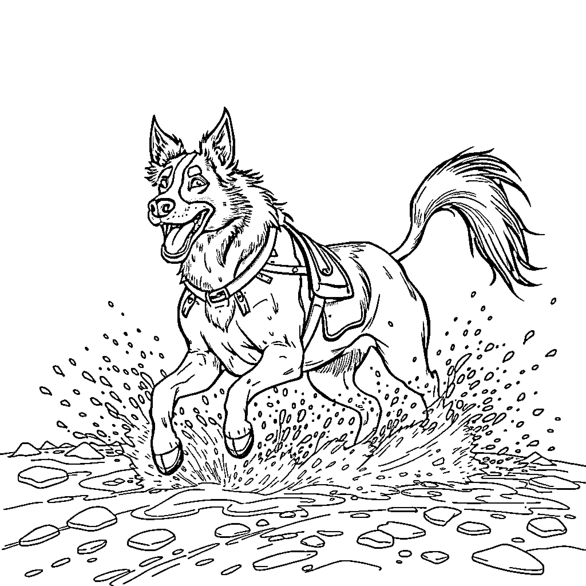Bluey running joyfully through the puddles Coloring Page (free black-and-white line drawing printable PDF for all, from beginners to advanced learners, including children, teens, adults, and seniors)
