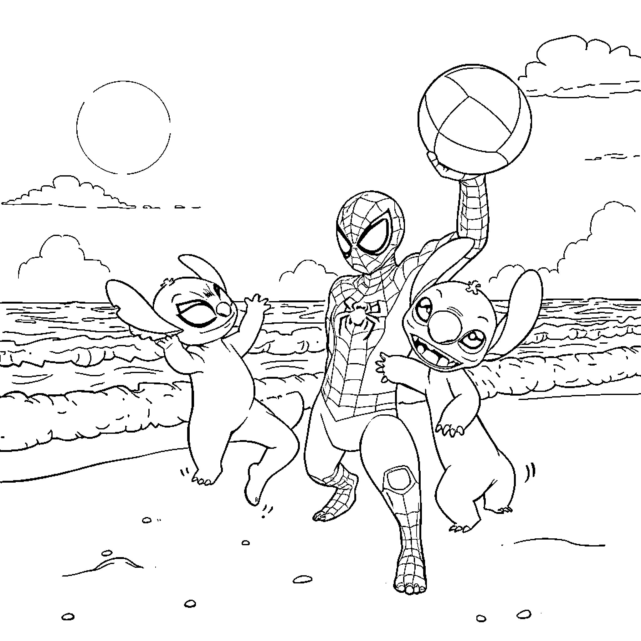 Spiderman playing with Stitch and Lilo on the beach Coloring Page (free black-and-white line drawing printable PDF for all, from beginners to advanced learners, including children, teens, adults, and seniors)