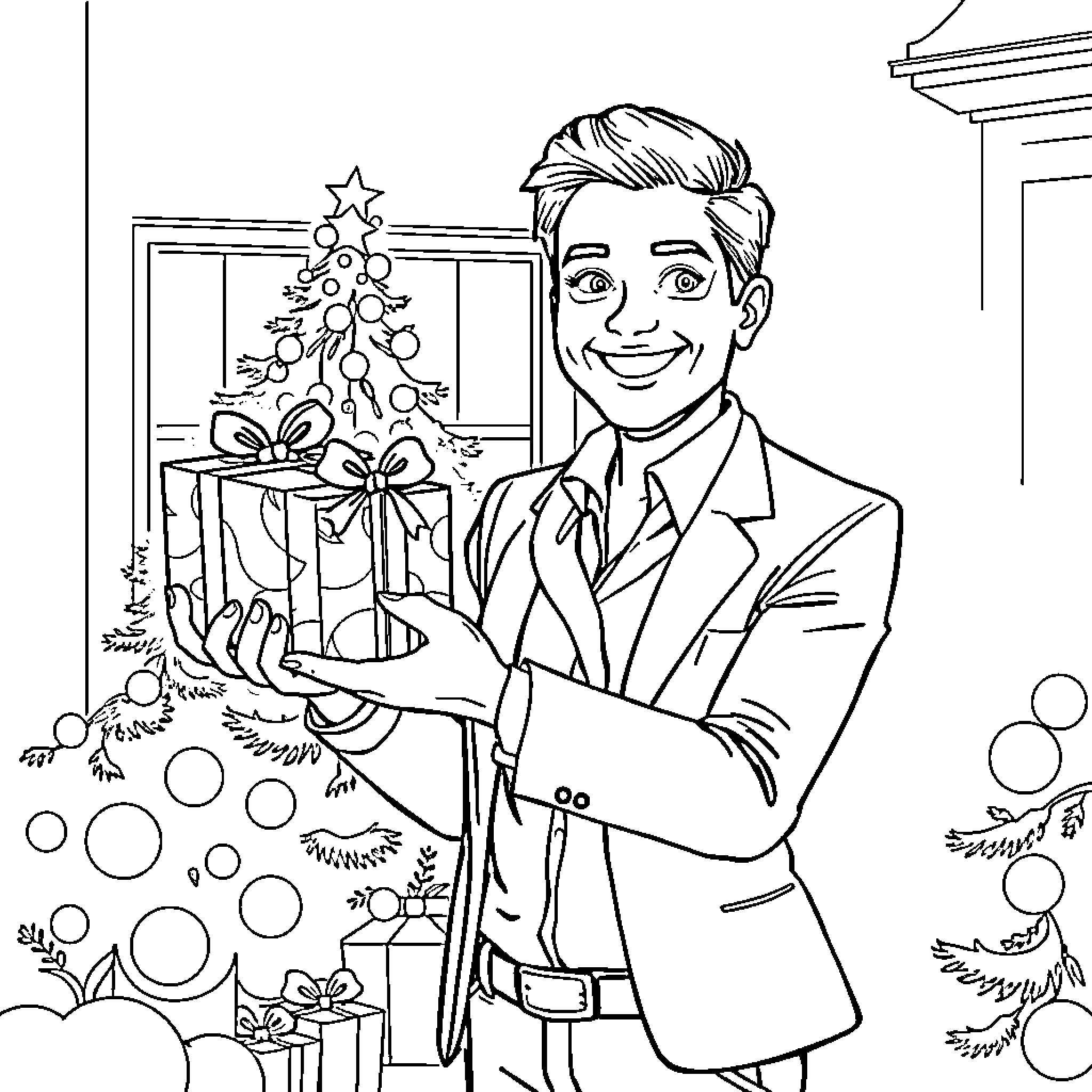 Real Estate Agent delivers holiday gifts in festive office Coloring Page (free black-and-white line drawing printable PDF for all, from beginners to advanced learners, including children, teens, adults, and seniors)