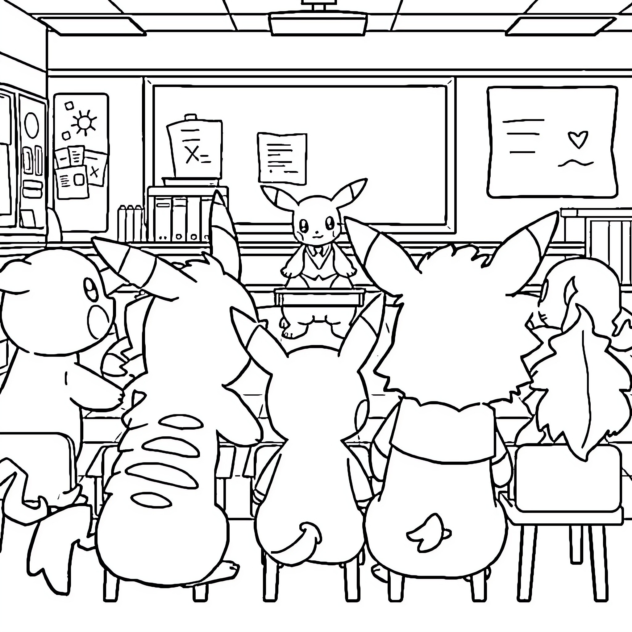Pokémon characters enjoying classroom activities Coloring Page (free black-and-white line drawing printable PDF for all, from beginners to advanced learners, including children, teens, adults, and seniors)