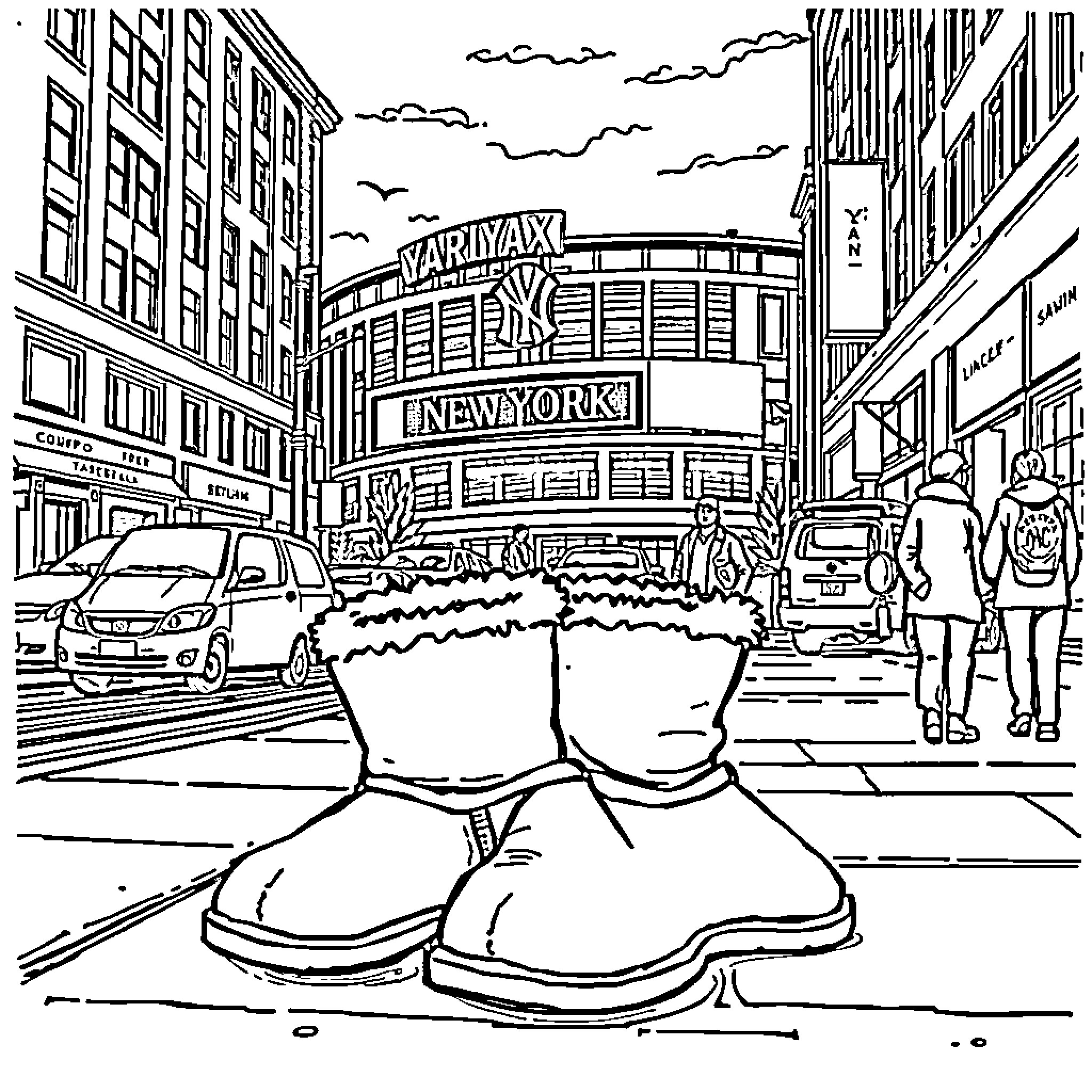 Uggs in the bustling city street Coloring Page (free black-and-white line drawing printable PDF for all, from beginners to advanced learners, including children, teens, adults, and seniors)
