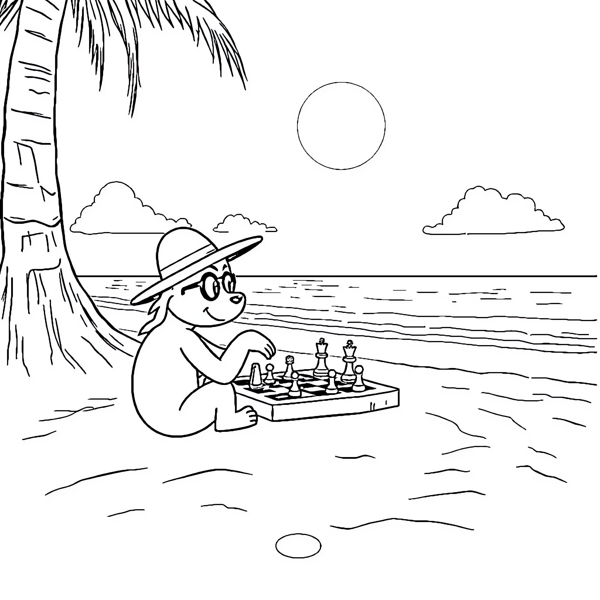 Bluey playing chess by the seaside Coloring Page (free black-and-white line drawing printable PDF for all, from beginners to advanced learners, including children, teens, adults, and seniors)