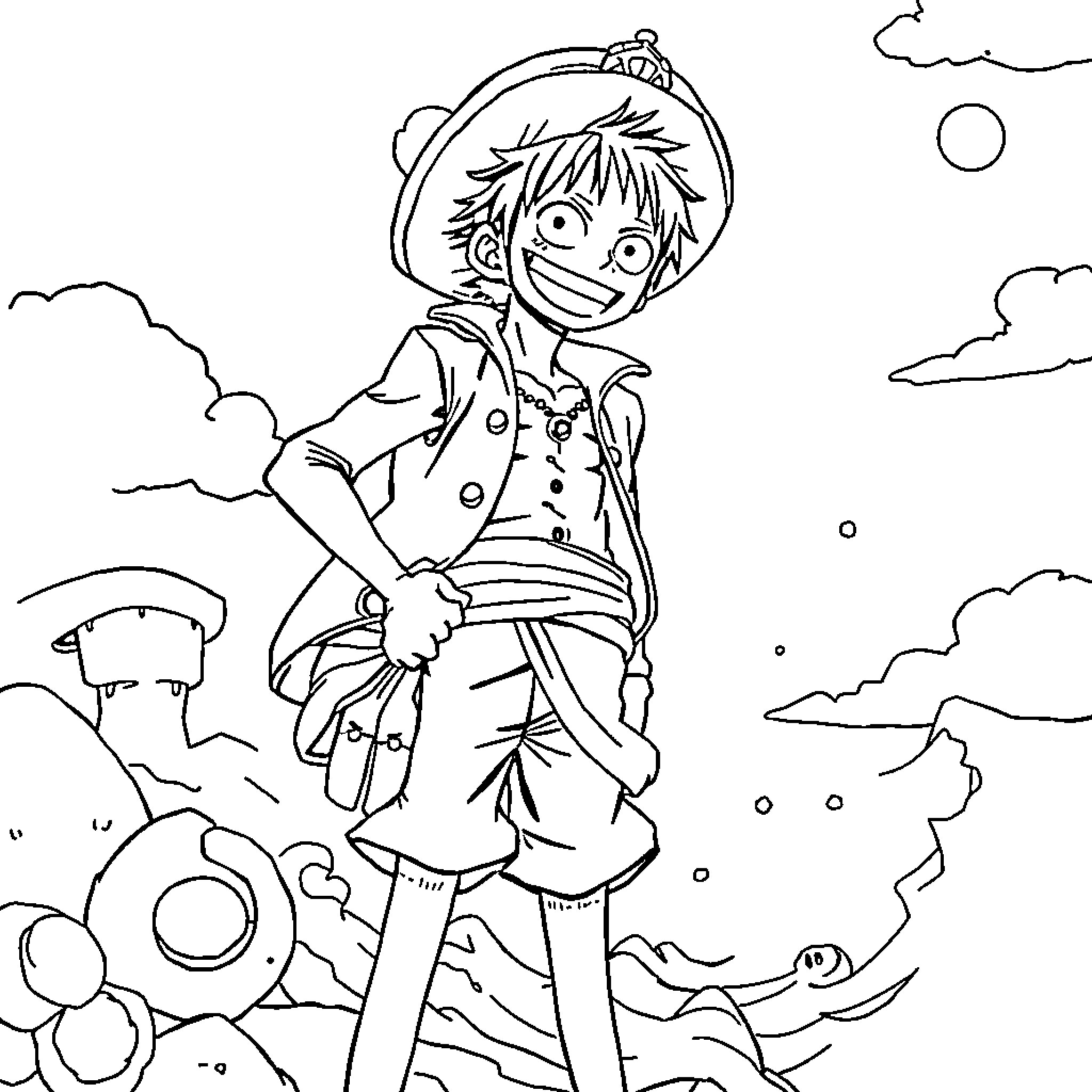 Luffy's Adventurous Exploration in the Wilderness Coloring Page (free black-and-white line drawing printable PDF for all, from beginners to advanced learners, including children, teens, adults, and seniors)