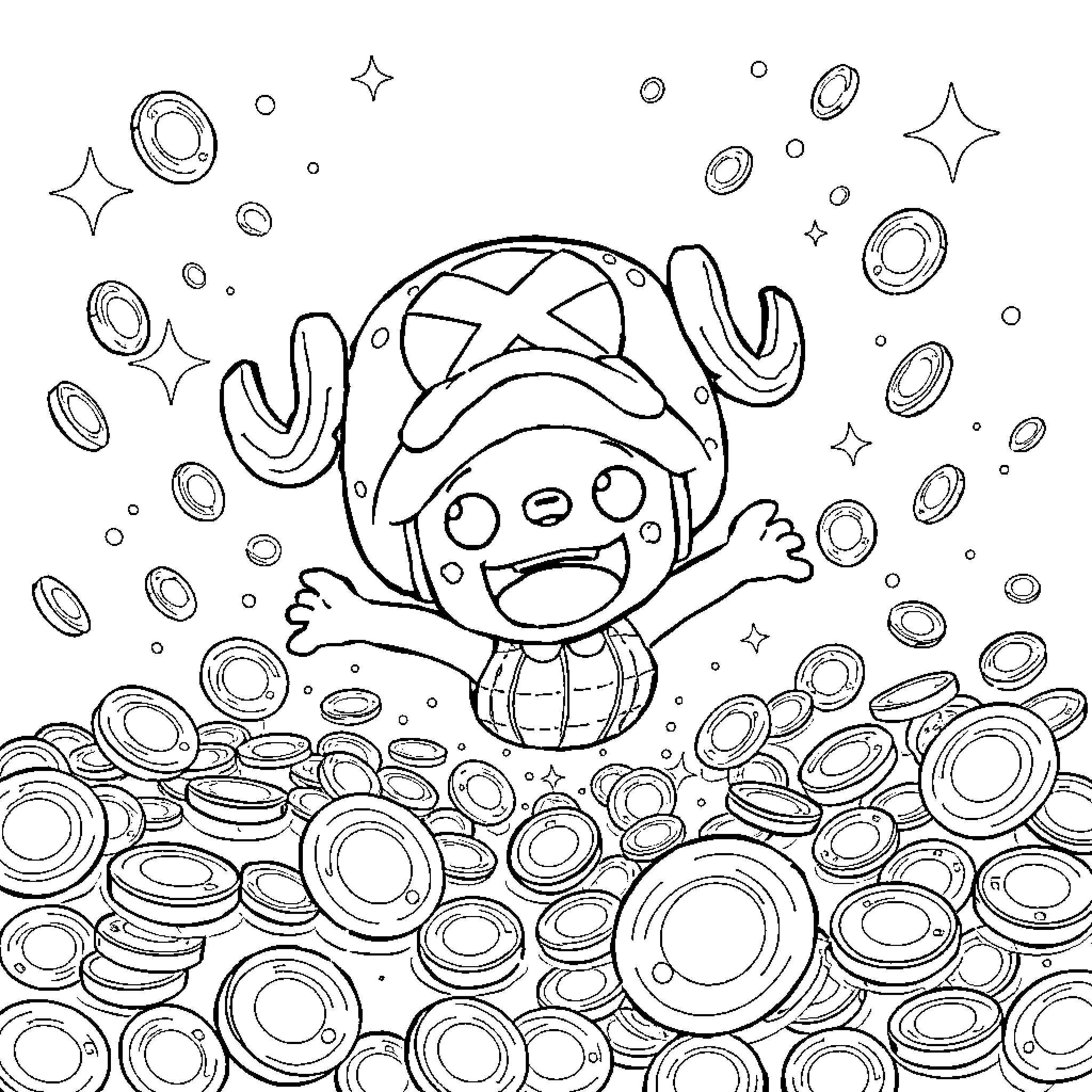 Chopper swimming in a sea of coins Coloring Page (free black-and-white line drawing printable PDF for all, from beginners to advanced learners, including children, teens, adults, and seniors)