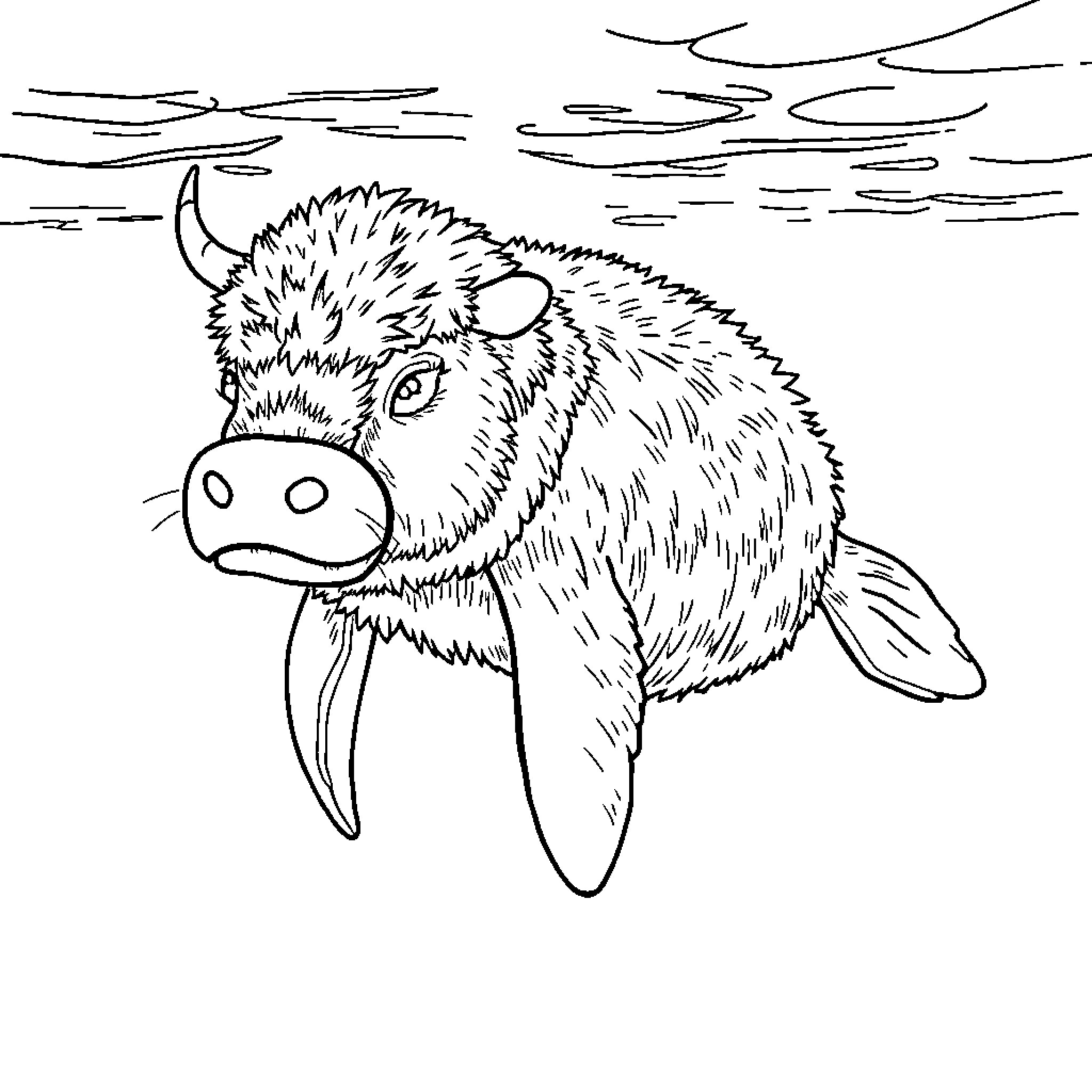 Highland Cow-Manatee exploring the waters Coloring Page (free black-and-white line drawing printable PDF for all, from beginners to advanced learners, including children, teens, adults, and seniors)