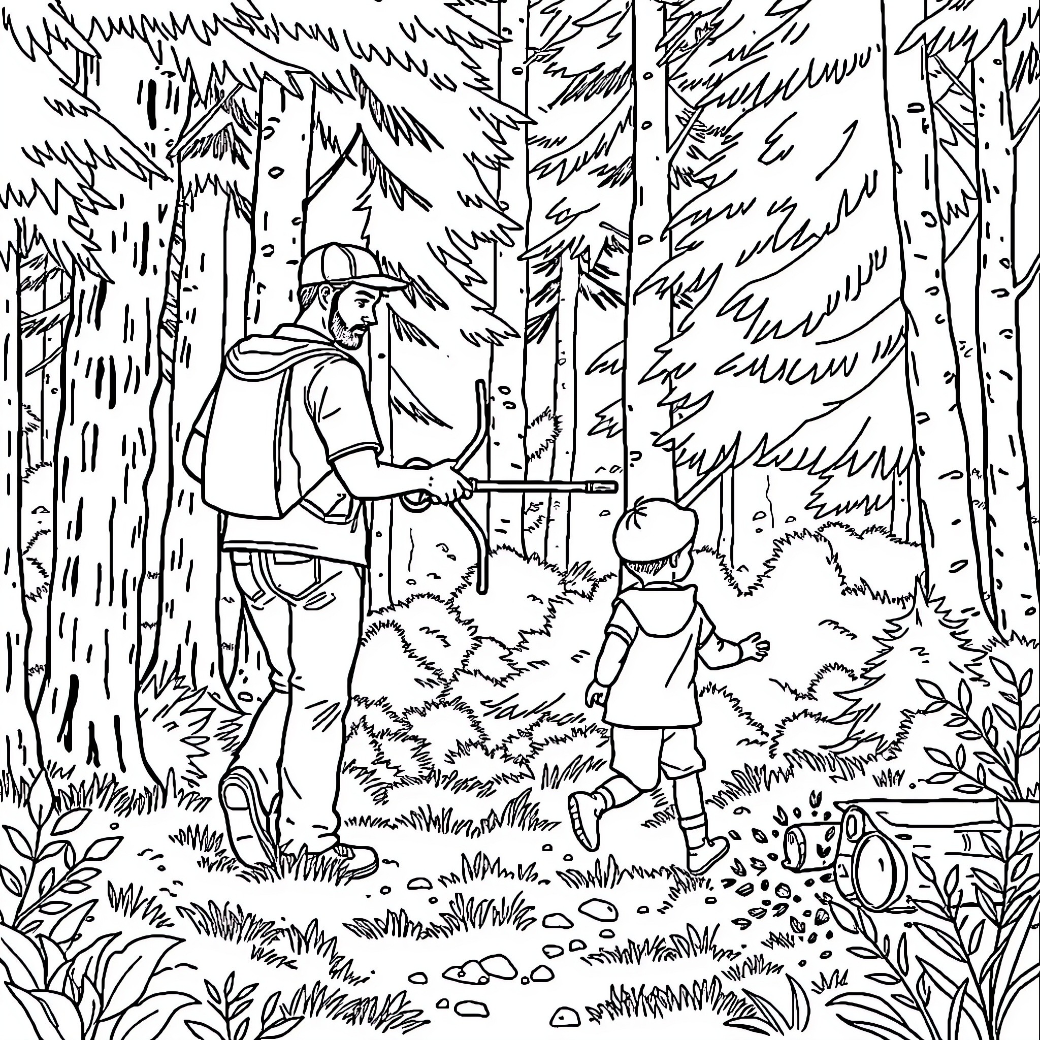 Dad and child hiking through the forest Coloring Page (free black-and-white line drawing printable PDF for all, from beginners to advanced learners, including children, teens, adults, and seniors)