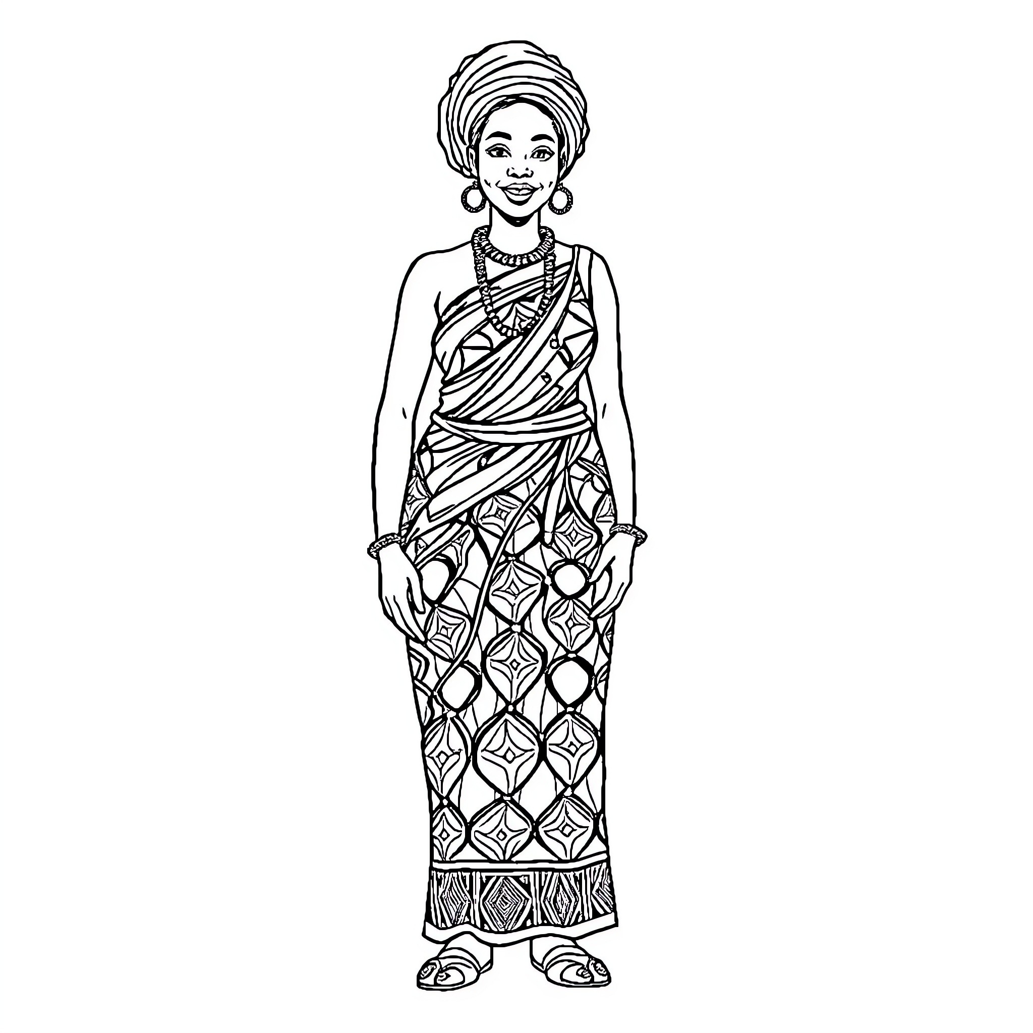 African Lady in Traditional Dress and Headwear Coloring Page (free black-and-white line drawing printable PDF for all, from beginners to advanced learners, including children, teens, adults, and seniors)