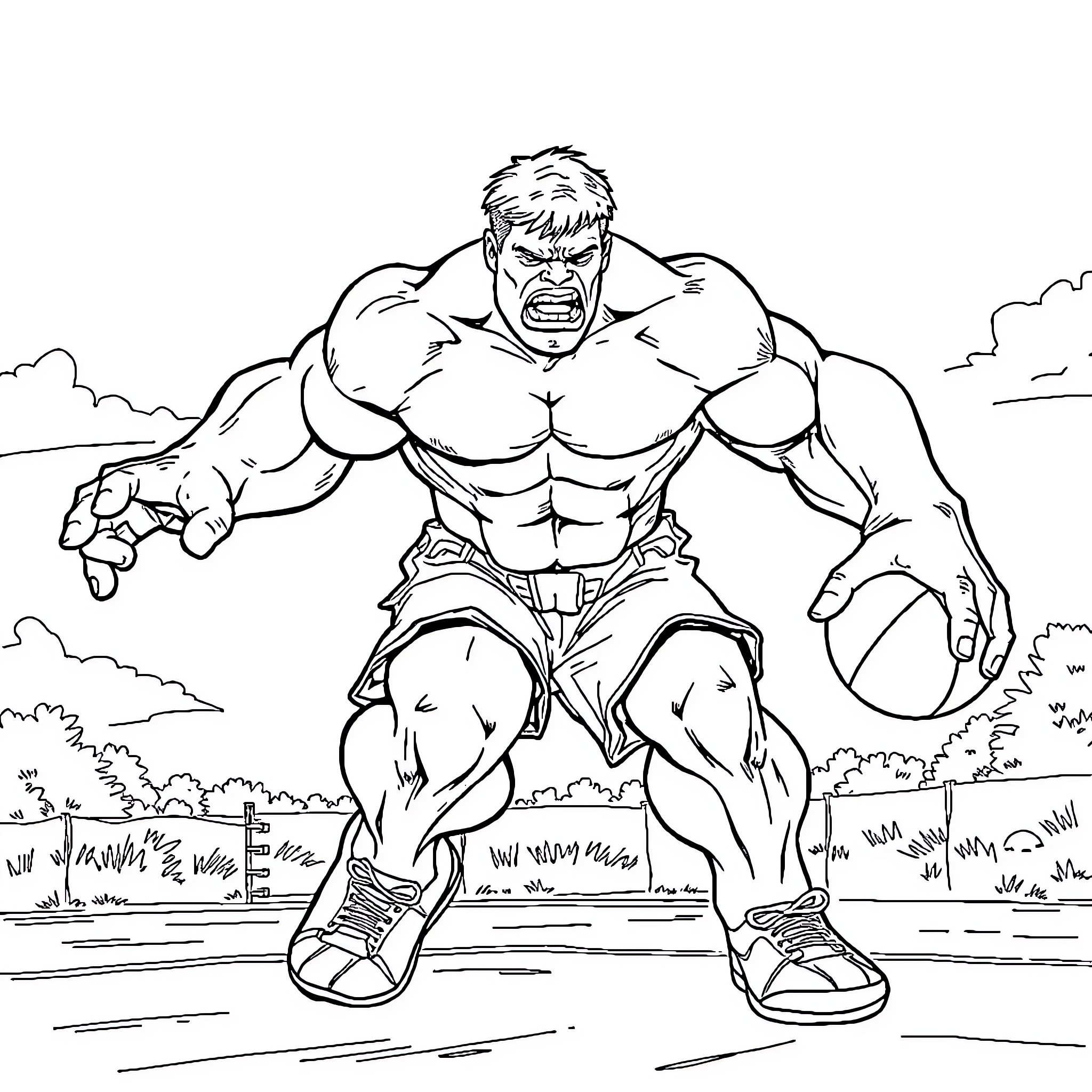 Hulk Smashing Through the Landscape Coloring Page (free black-and-white line drawing printable PDF for all, from beginners to advanced learners, including children, teens, adults, and seniors)