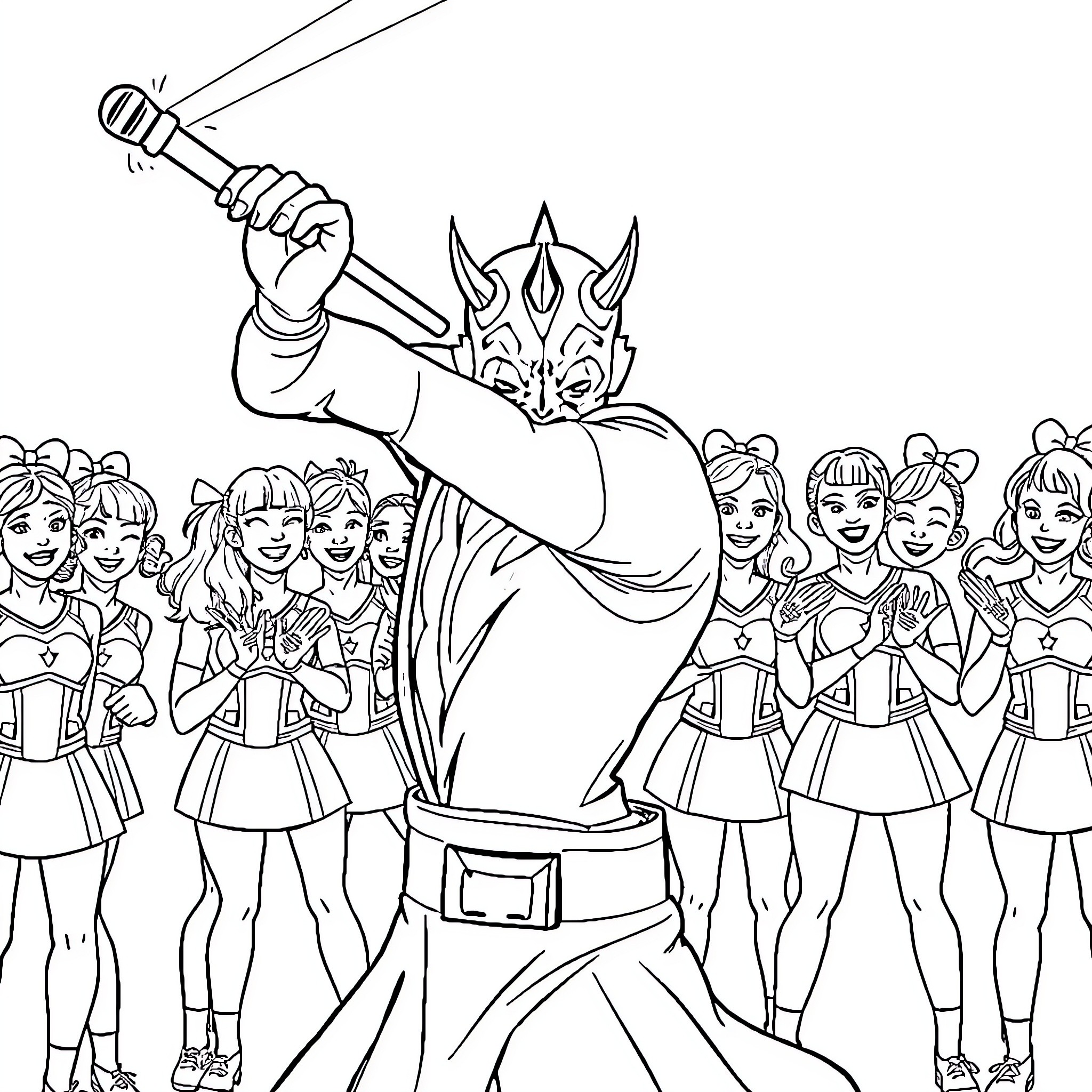 Darth Maul leading an army of female warriors Coloring Page (free black-and-white line drawing printable PDF for all, from beginners to advanced learners, including children, teens, adults, and seniors)