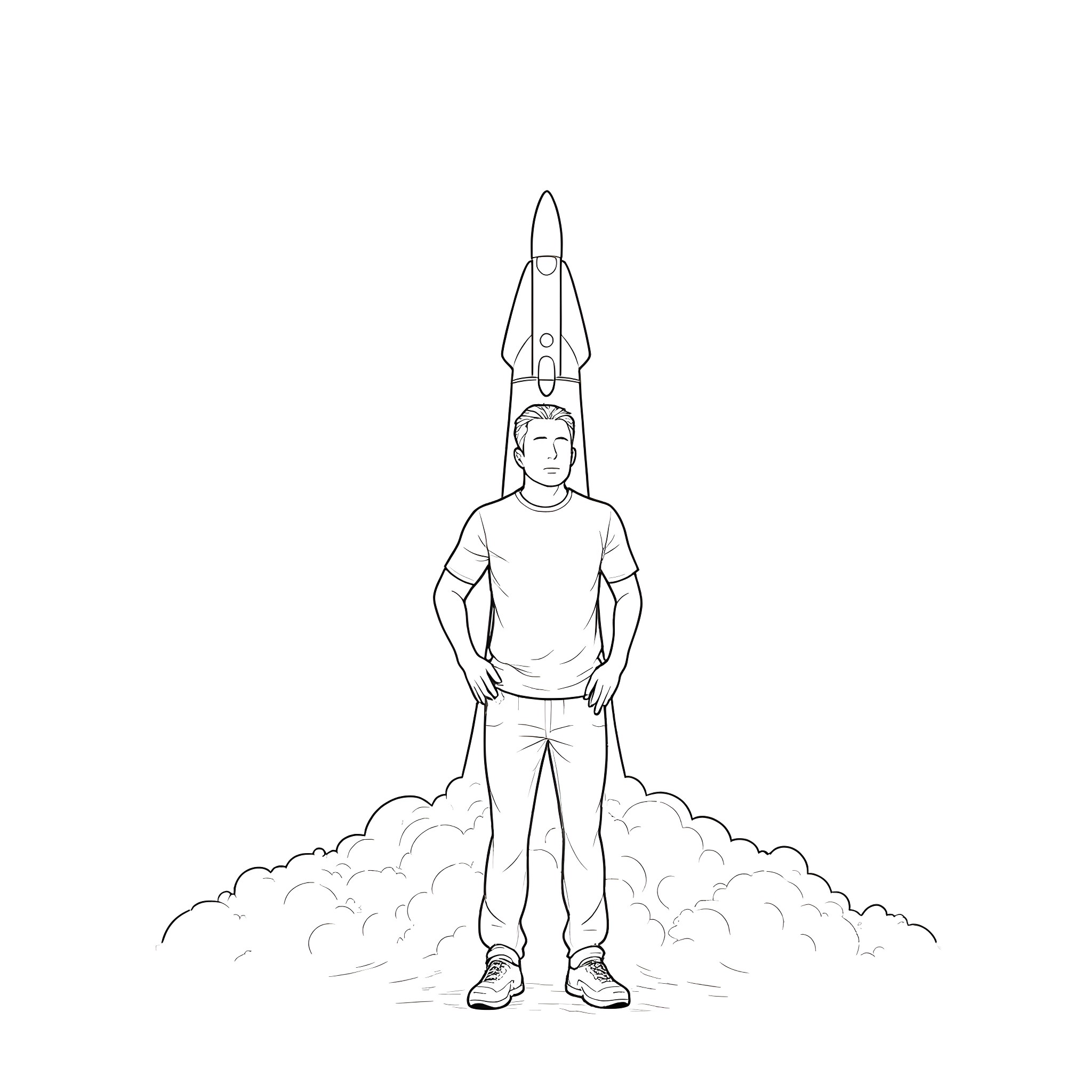 Elon Musk standing confidently with a rocket ship Coloring Page (free black-and-white line drawing printable PDF for all, from beginners to advanced learners, including children, teens, adults, and seniors)