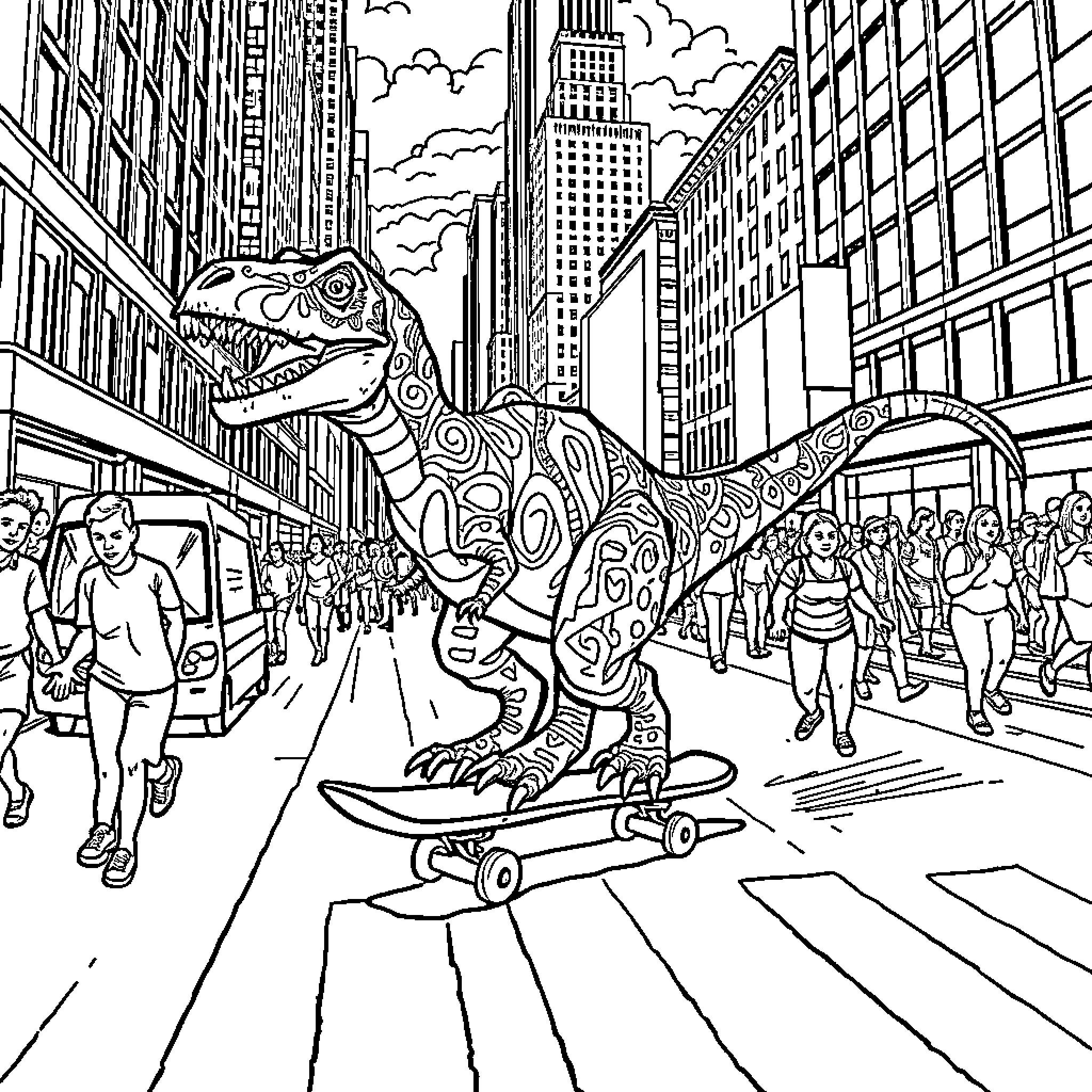 Dinosaur skateboarding through city streets with people Coloring Page (free black-and-white line drawing printable PDF for all, from beginners to advanced learners, including children, teens, adults, and seniors)