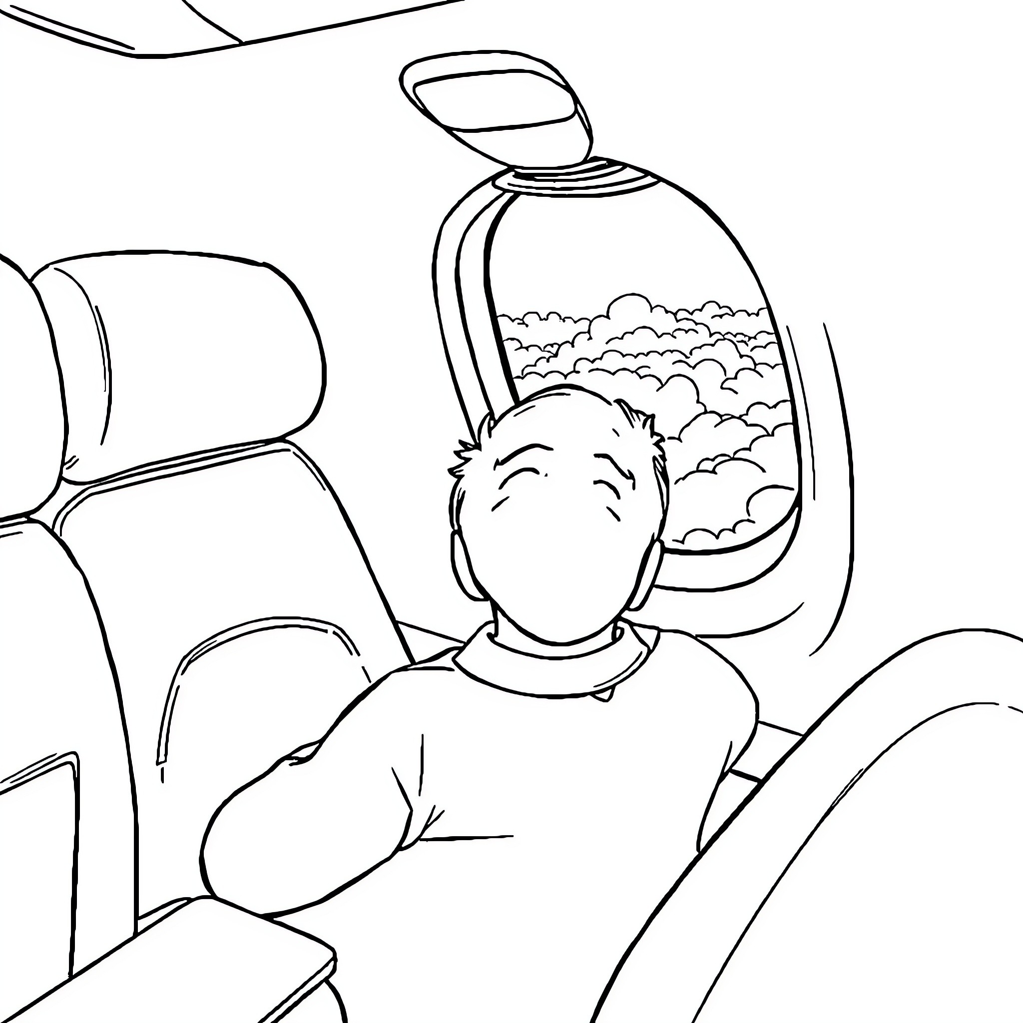Ruben enjoying the view from the airplane window Coloring Page (free black-and-white line drawing printable PDF for all, from beginners to advanced learners, including children, teens, adults, and seniors)