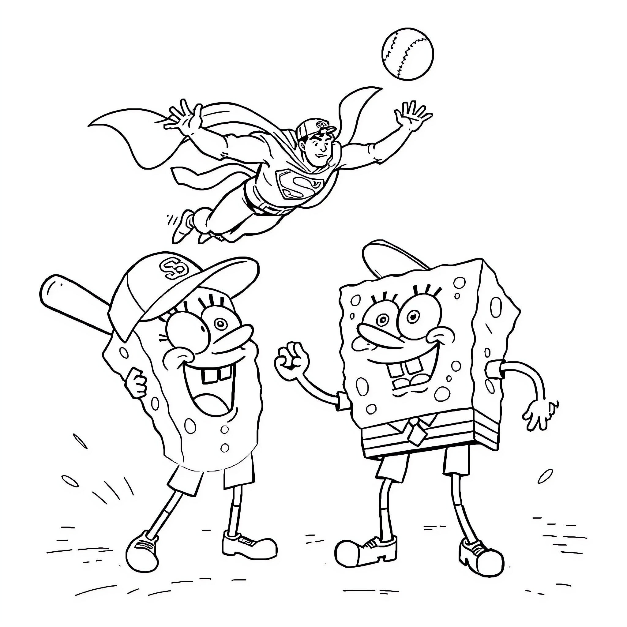 Spongebob and friends playing baseball with superhero Coloring Page (free black-and-white line drawing printable PDF for all, from beginners to advanced learners, including children, teens, adults, and seniors)