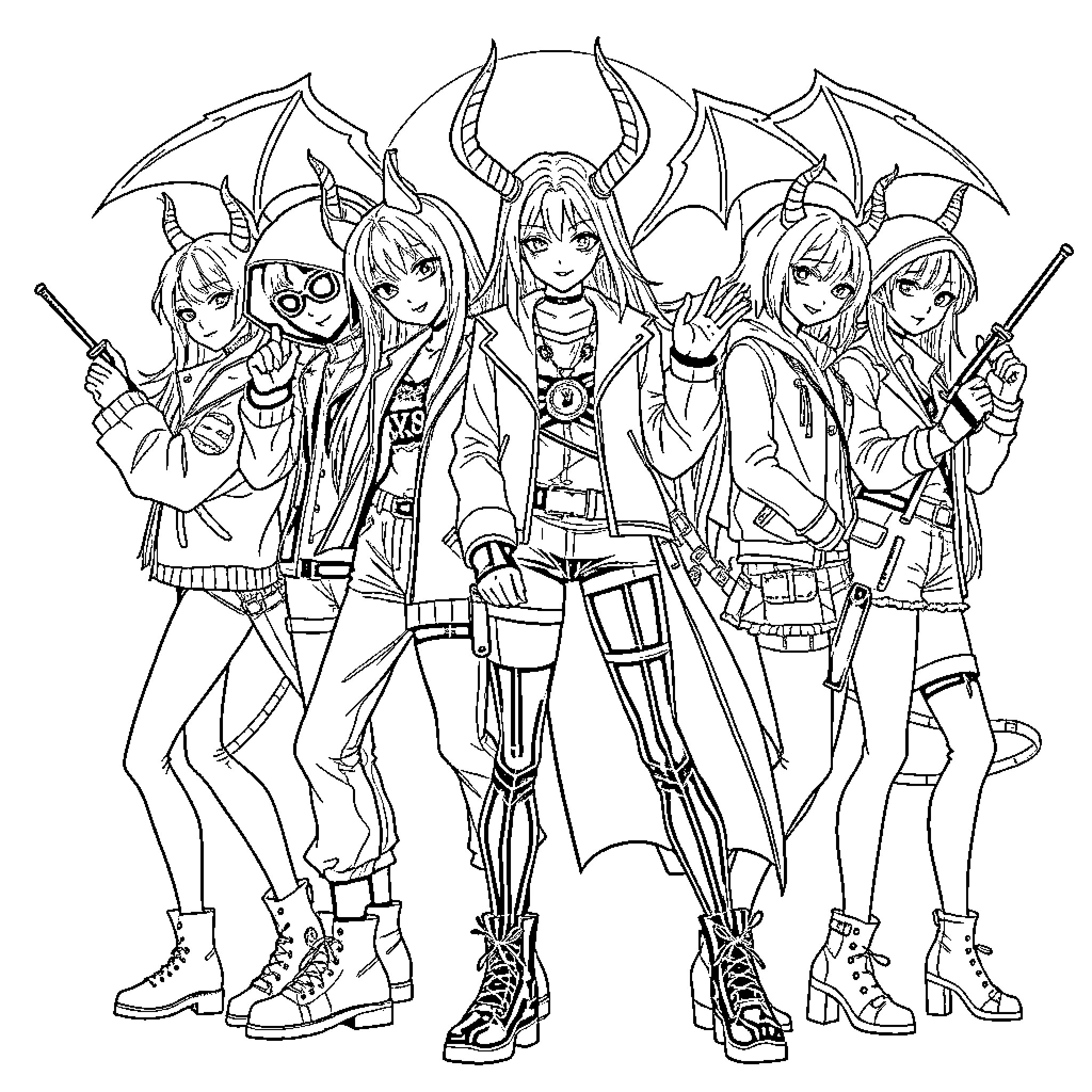 Demon Hunter Squad in Action-Ready Poses Coloring Page (free black-and-white line drawing printable PDF for all, from beginners to advanced learners, including children, teens, adults, and seniors)