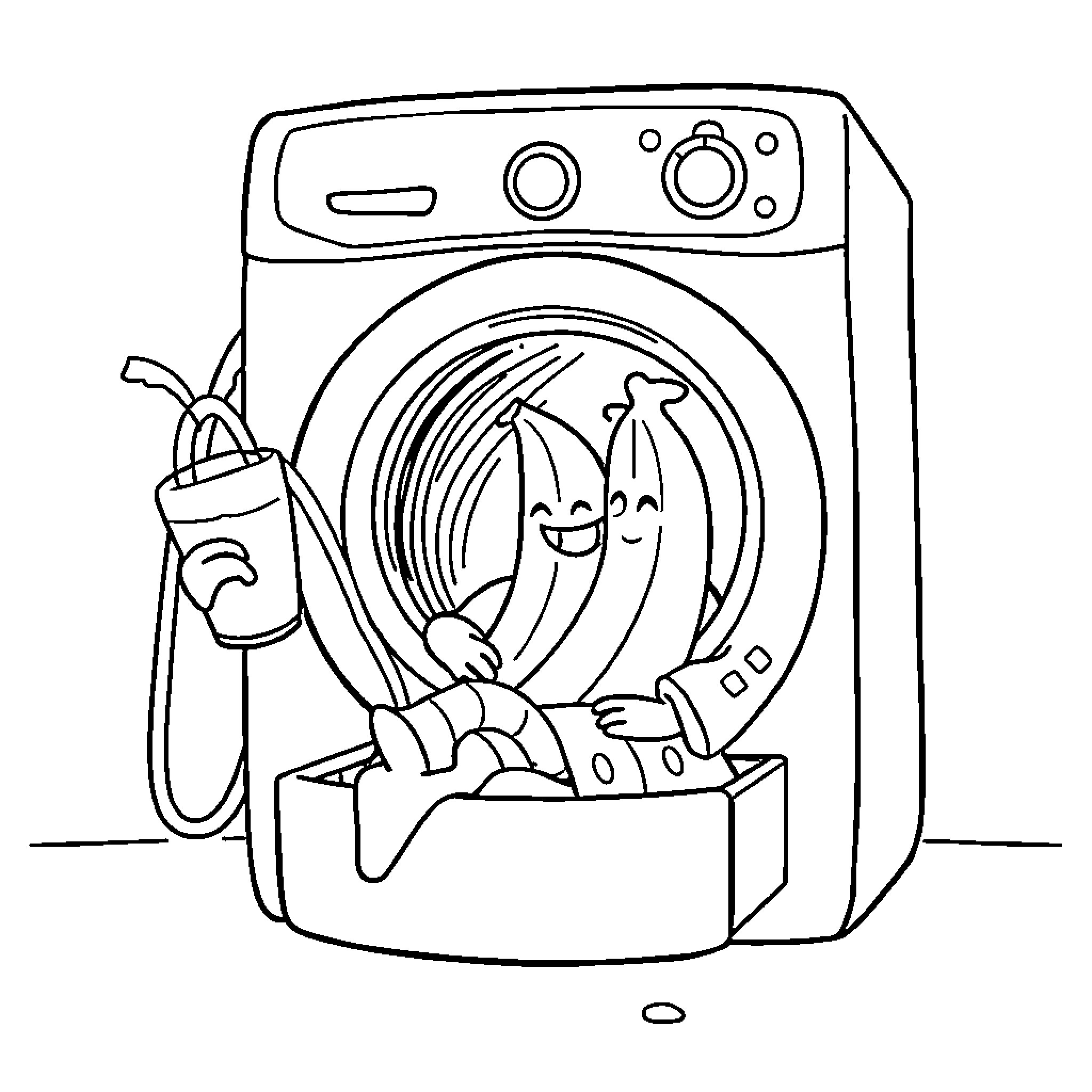 Washing Machine with Cheerful Laundry Coloring Page (free black-and-white line drawing printable PDF for all, from beginners to advanced learners, including children, teens, adults, and seniors)