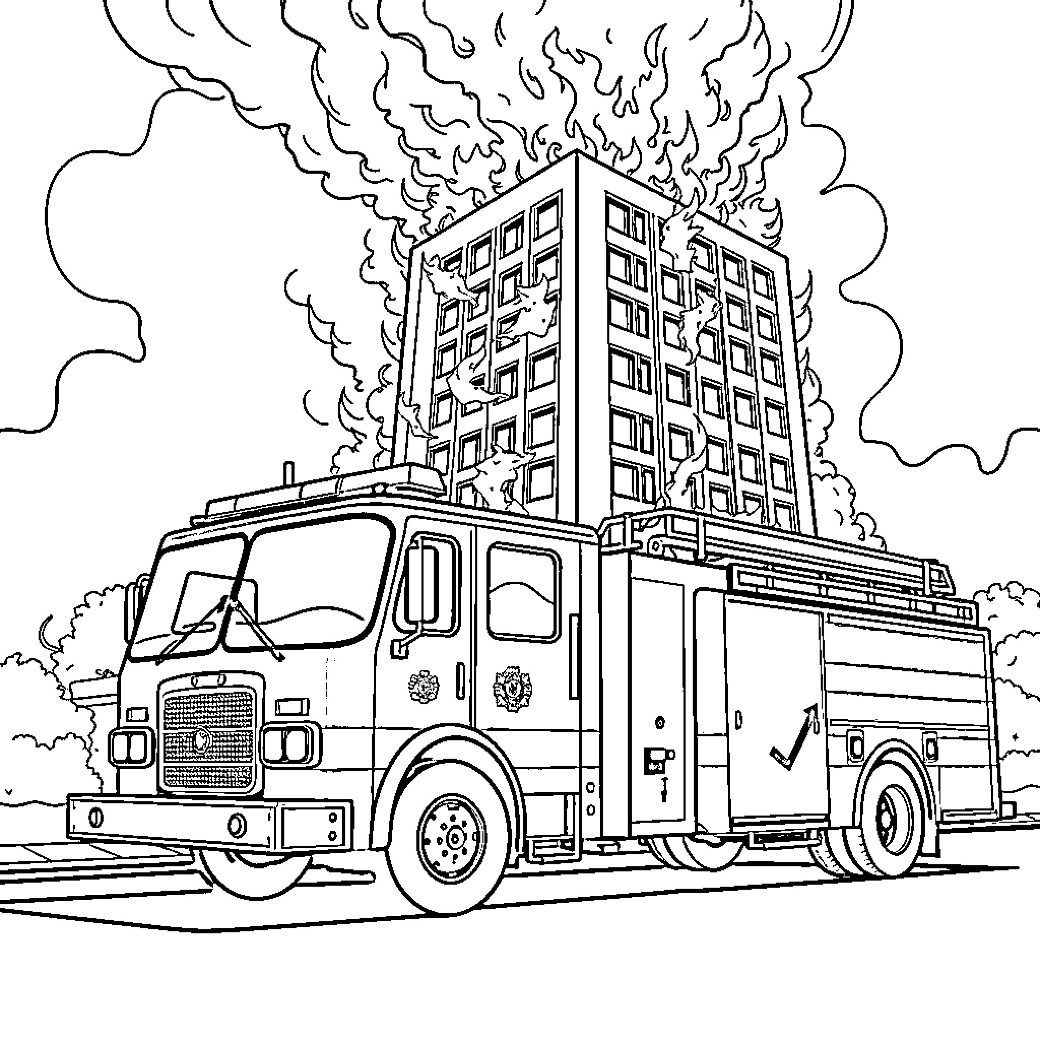 Fire Truck Responding to Building Blaze Coloring Page (free black-and-white line drawing printable PDF for all, from beginners to advanced learners, including children, teens, adults, and seniors)