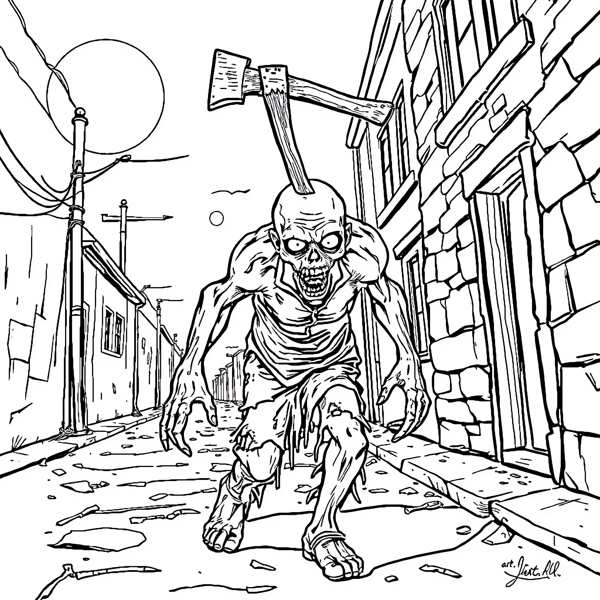 Zombie Creature Stalking Through Dilapidated Alley Coloring Page (free black-and-white line drawing printable PDF for all, from beginners to advanced learners, including children, teens, adults, and seniors)