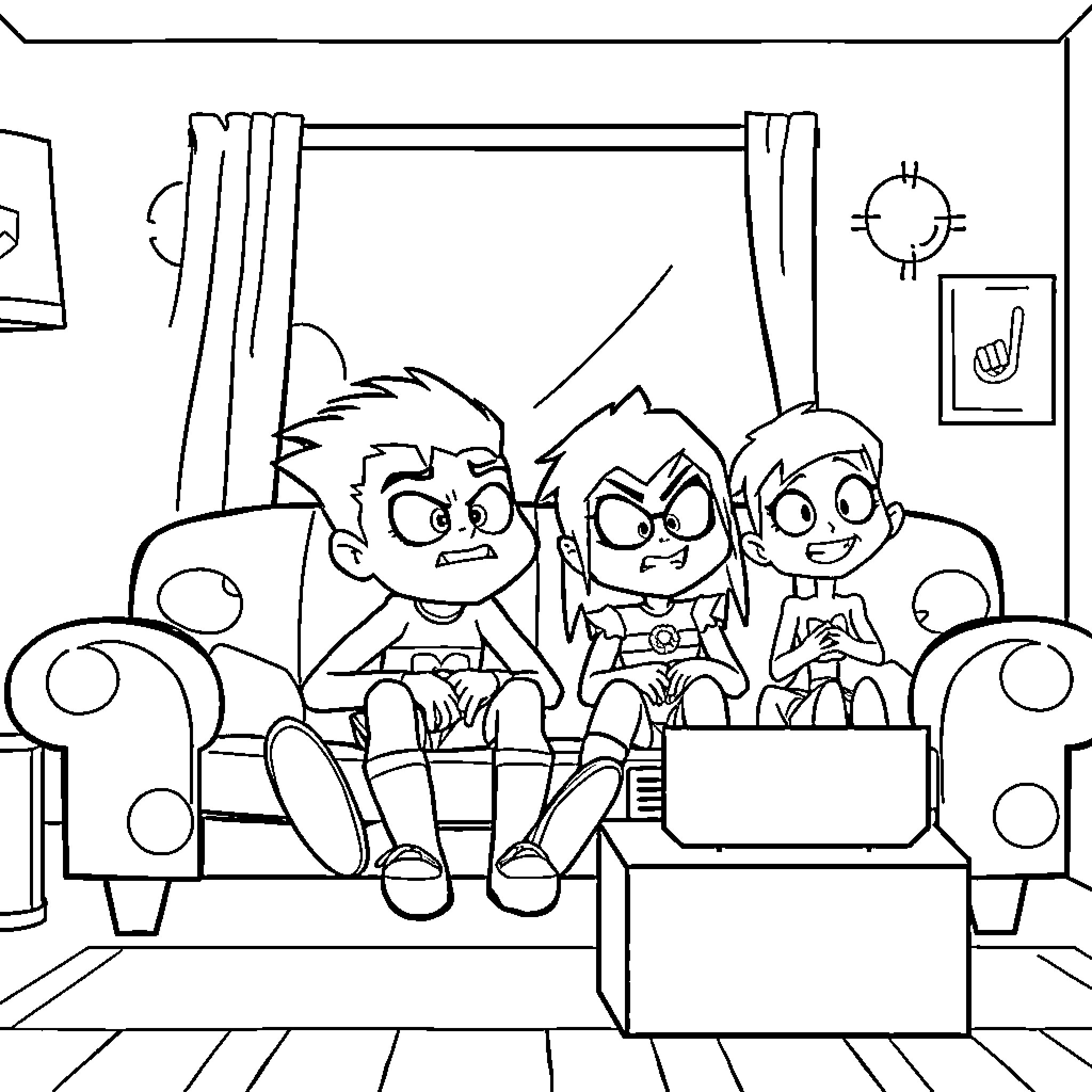 Teen Titans Team Relaxing at Home Coloring Page (free black-and-white line drawing printable PDF for all, from beginners to advanced learners, including children, teens, adults, and seniors)