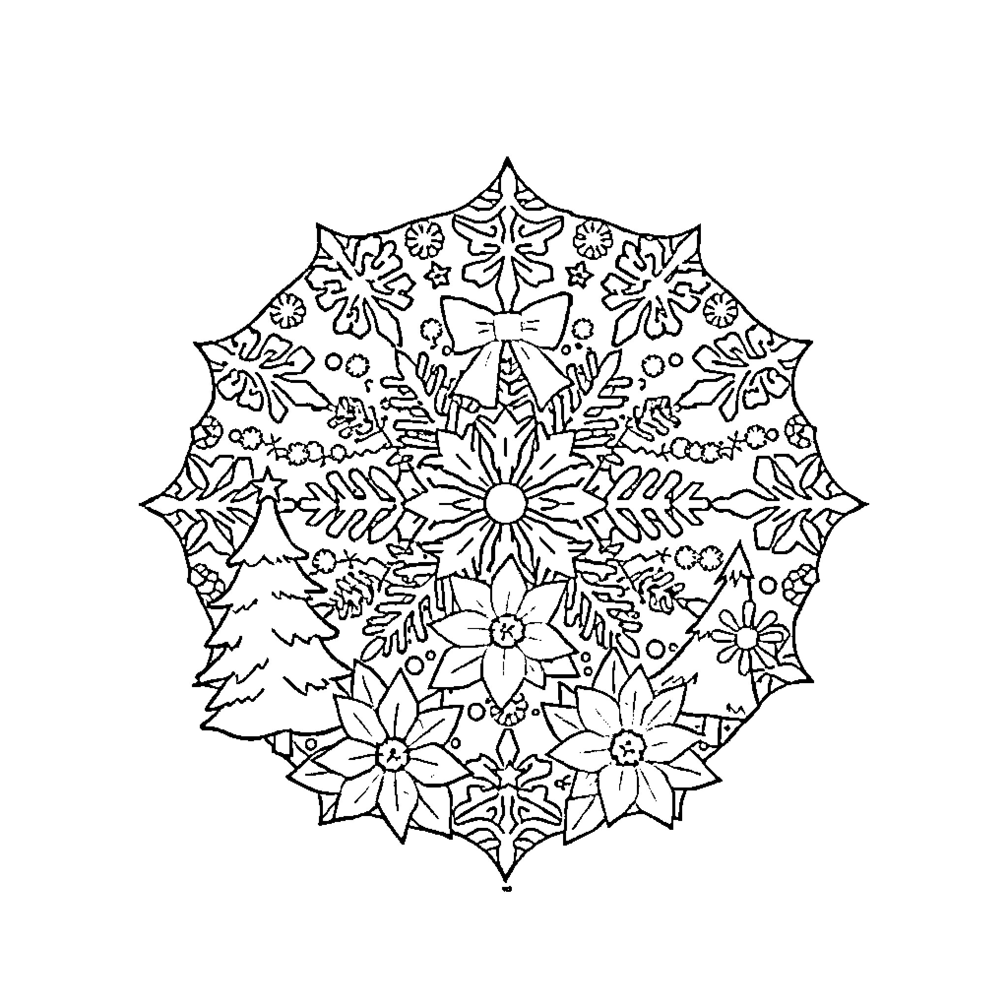 Mandala with Detailed Floral Patterns and Shapes Coloring Page (free black-and-white line drawing printable PDF for all, from beginners to advanced learners, including children, teens, adults, and seniors)