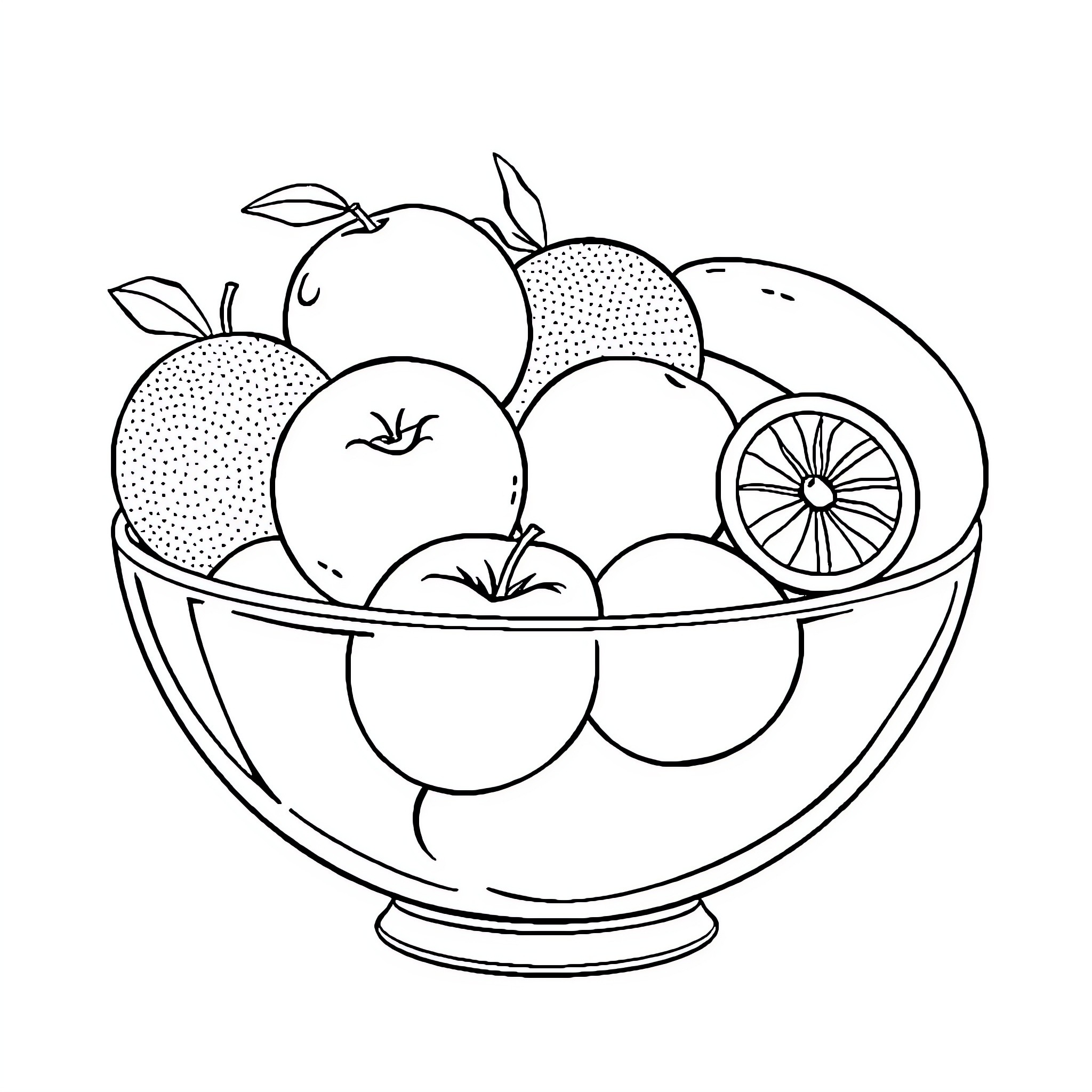 Fruit Bowl Filled with Delicious Assortment Coloring Page (free black-and-white line drawing printable PDF for all, from beginners to advanced learners, including children, teens, adults, and seniors)