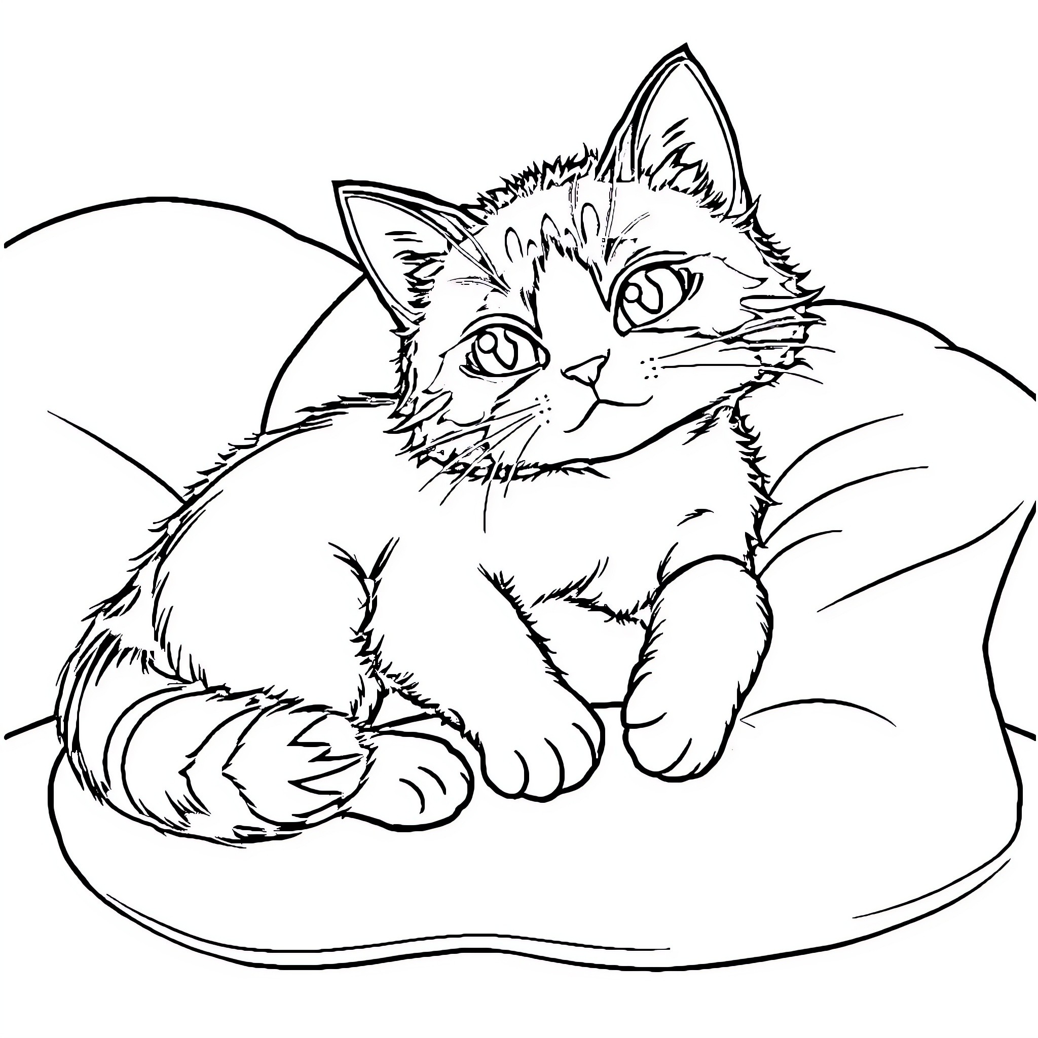 Cat resting comfortably on cushion Coloring Page (free black-and-white line drawing printable PDF for all, from beginners to advanced learners, including children, teens, adults, and seniors)