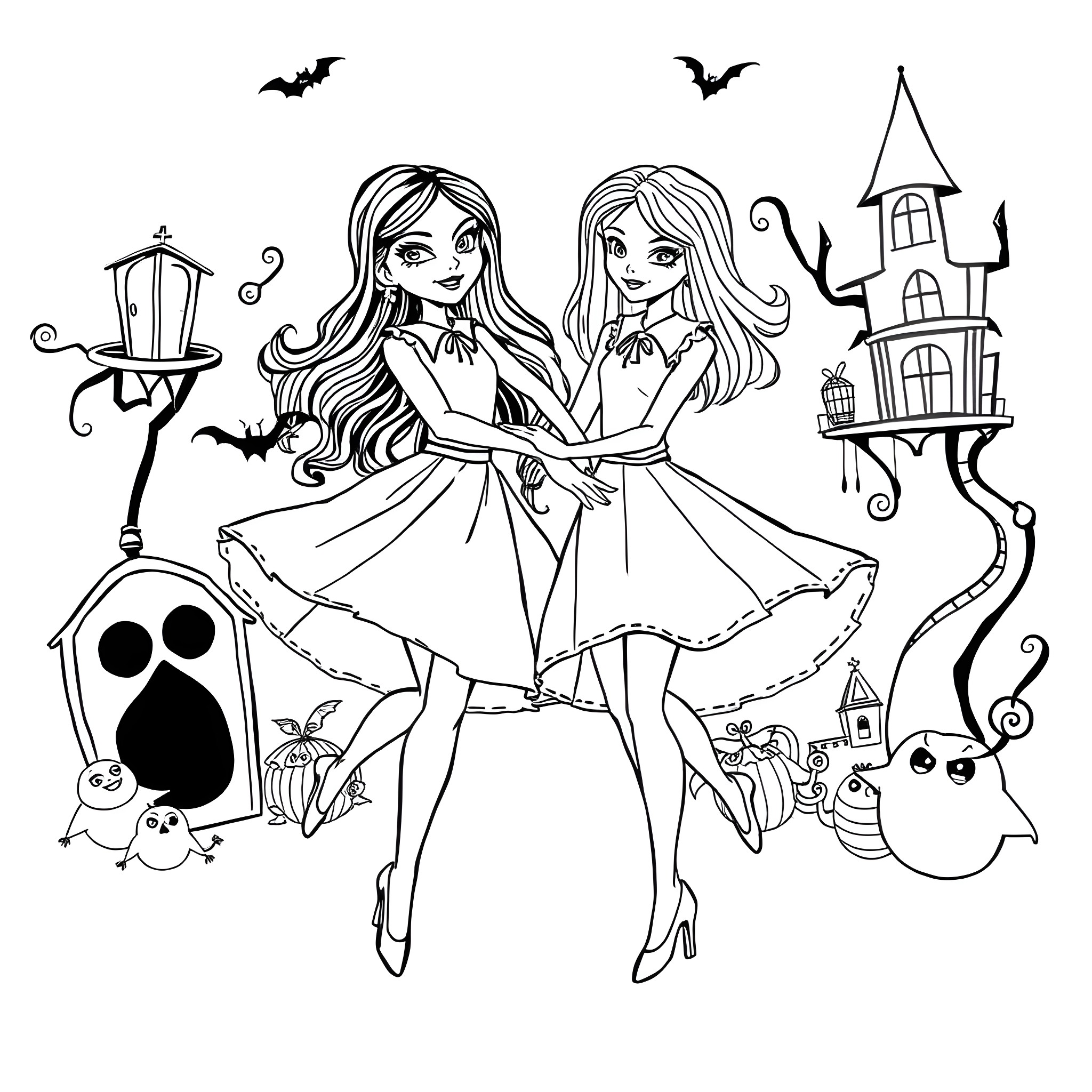 Doll Sisters Celebrating Halloween in Haunted House Coloring Page (free black-and-white line drawing printable PDF for all, from beginners to advanced learners, including children, teens, adults, and seniors)