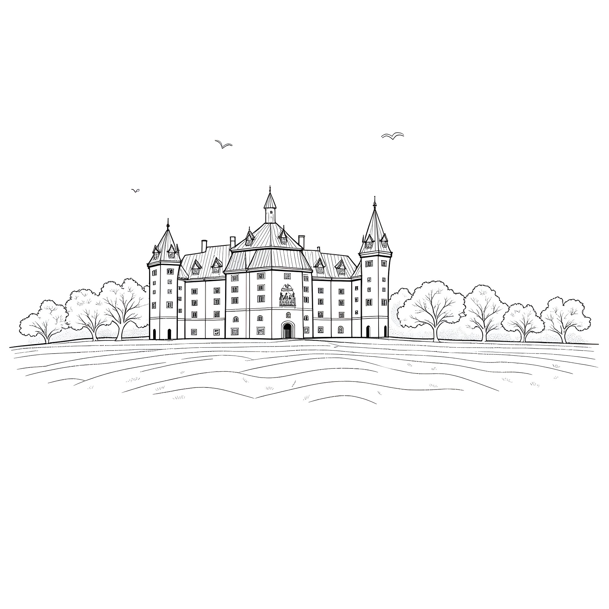 Castle of enchanting architecture and spires Coloring Page (free black-and-white line drawing printable PDF for all, from beginners to advanced learners, including children, teens, adults, and seniors)