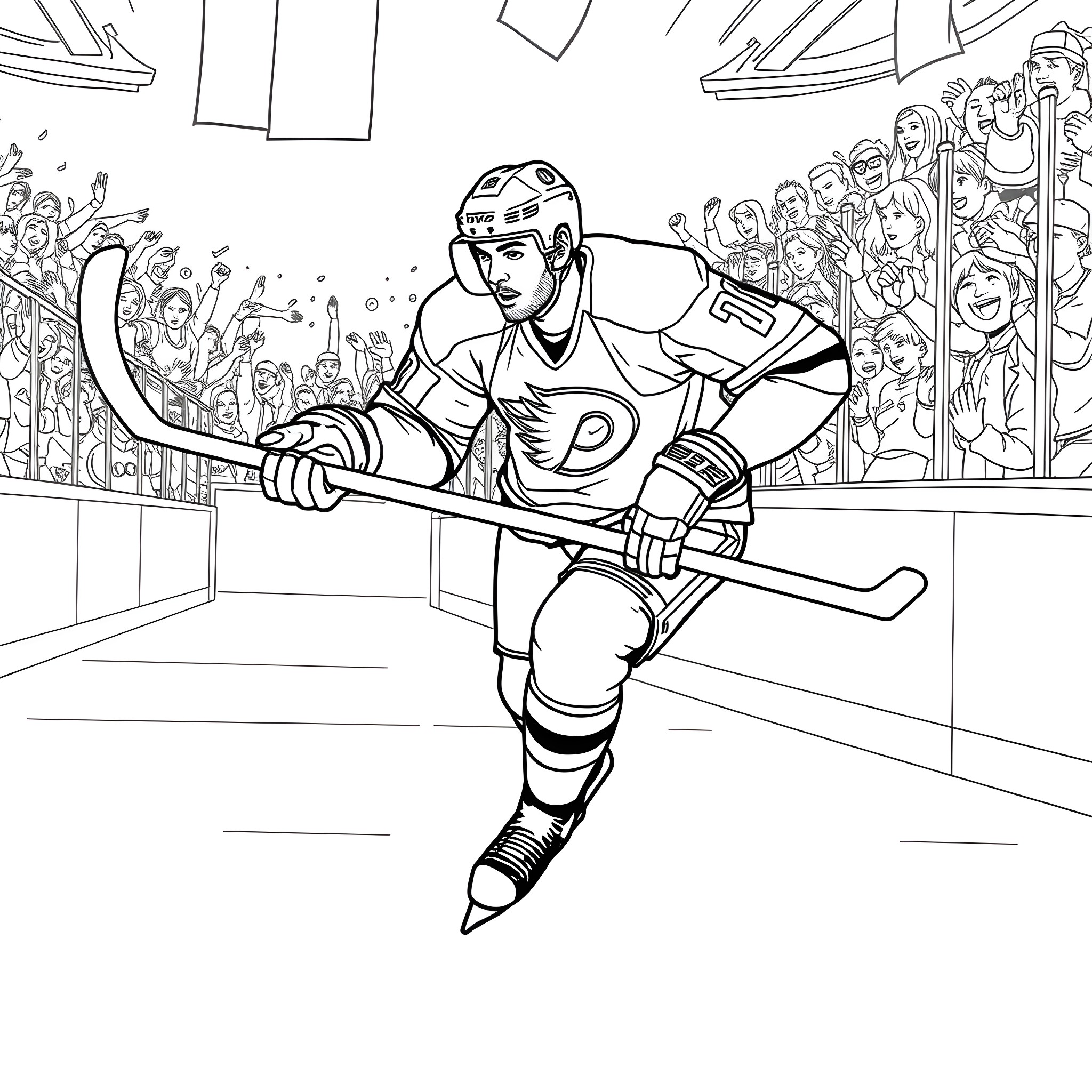 Radko Gudas playing hockey in a stadium Coloring Page (free black-and-white line drawing printable PDF for all, from beginners to advanced learners, including children, teens, adults, and seniors)