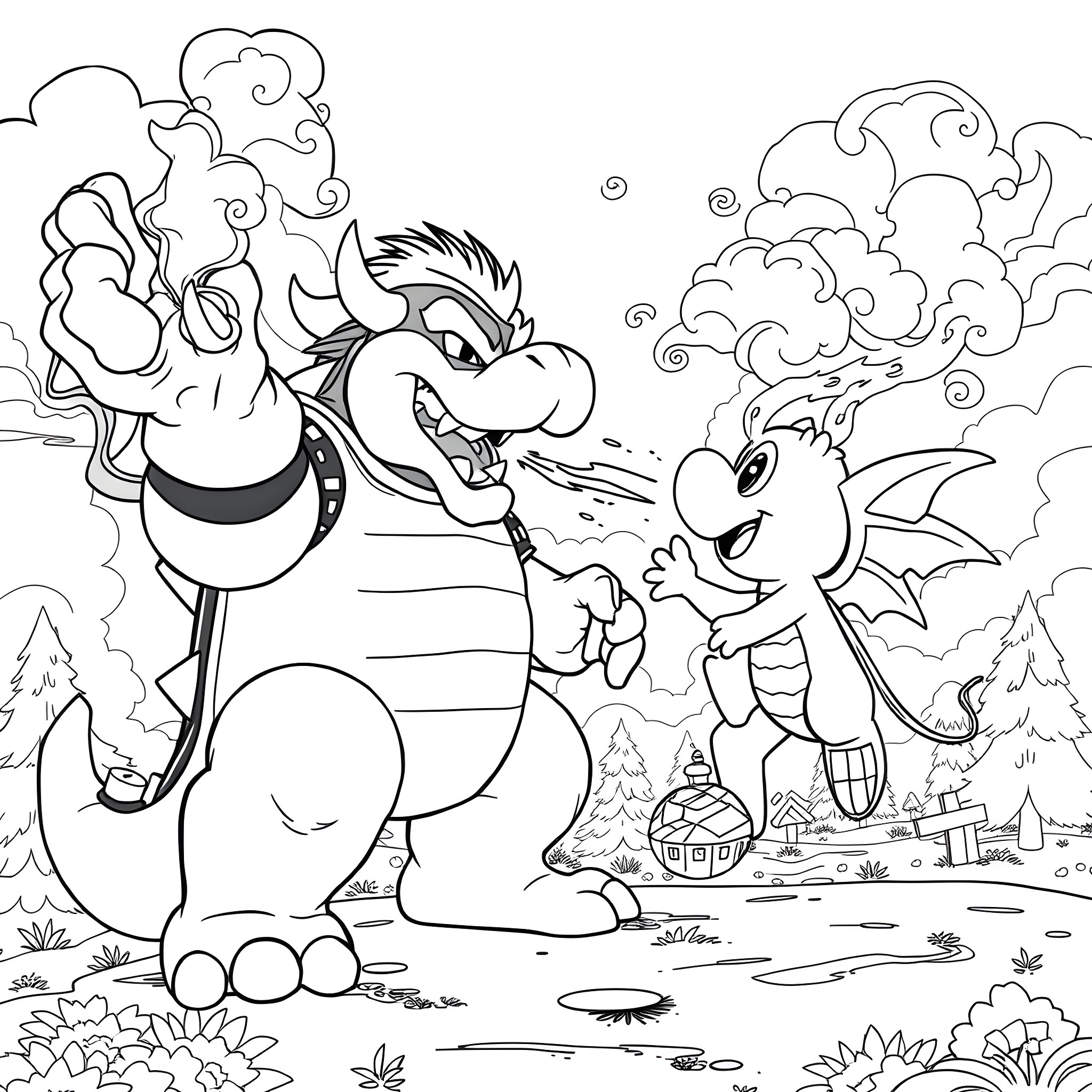 Bowser and Koopa Troopa in a mischievous scene Coloring Page (free black-and-white line drawing printable PDF for all, from beginners to advanced learners, including children, teens, adults, and seniors)