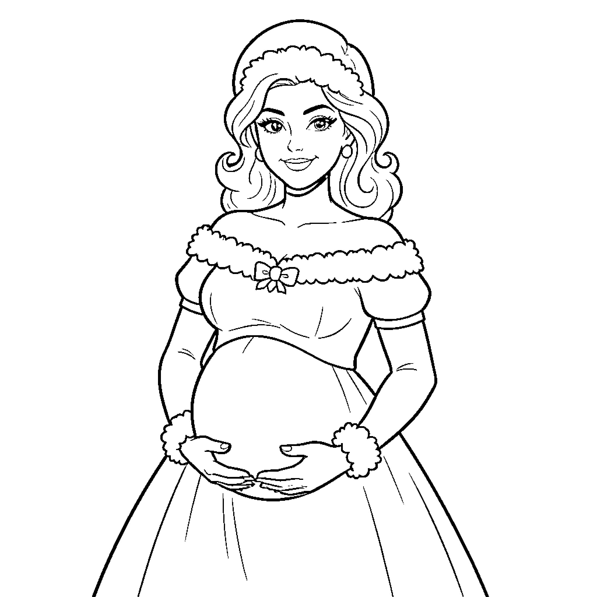 Mrs. Claus in festive attire with warm expression Coloring Page (free black-and-white line drawing printable PDF for all, from beginners to advanced learners, including children, teens, adults, and seniors)