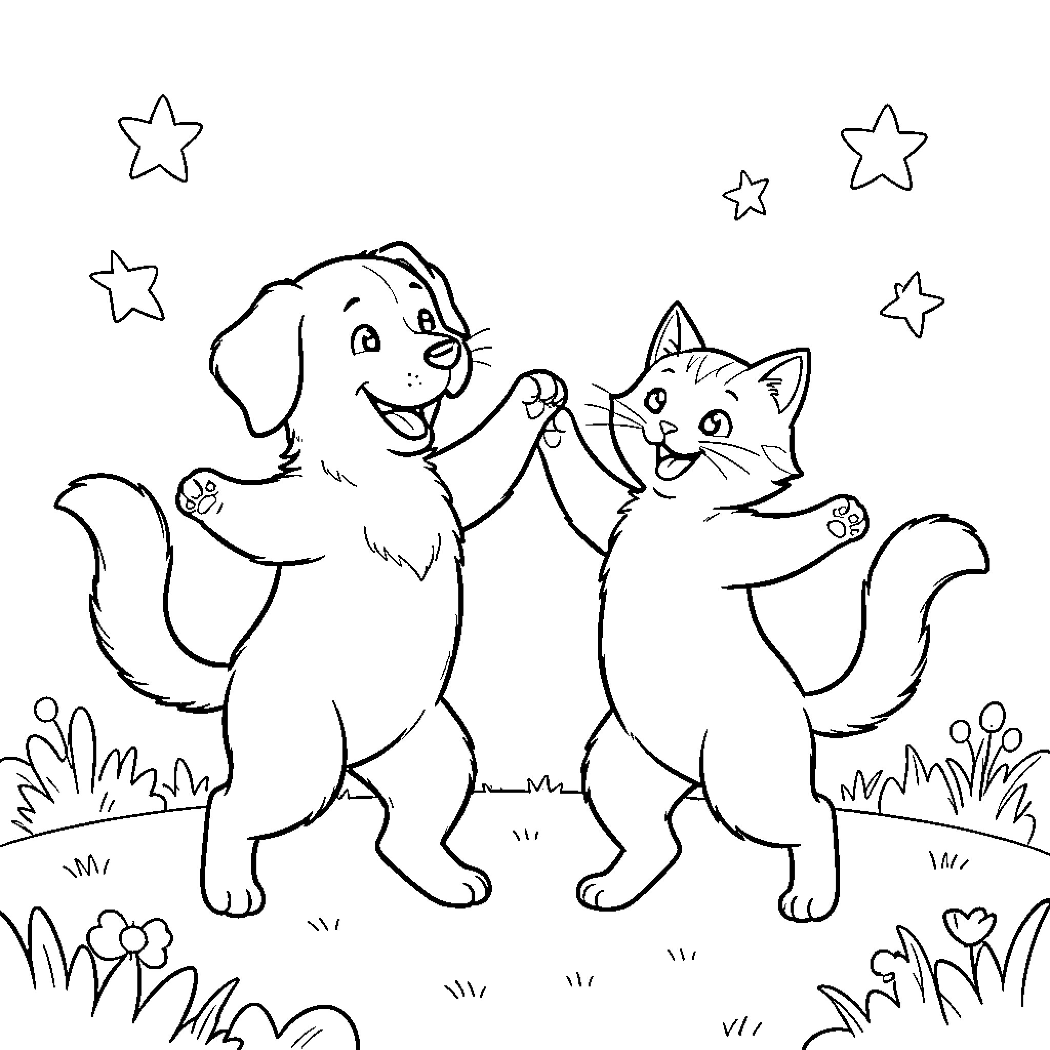 Dog and Cat Playing Happily Outdoors Coloring Page (free black-and-white line drawing printable PDF for all, from beginners to advanced learners, including children, teens, adults, and seniors)