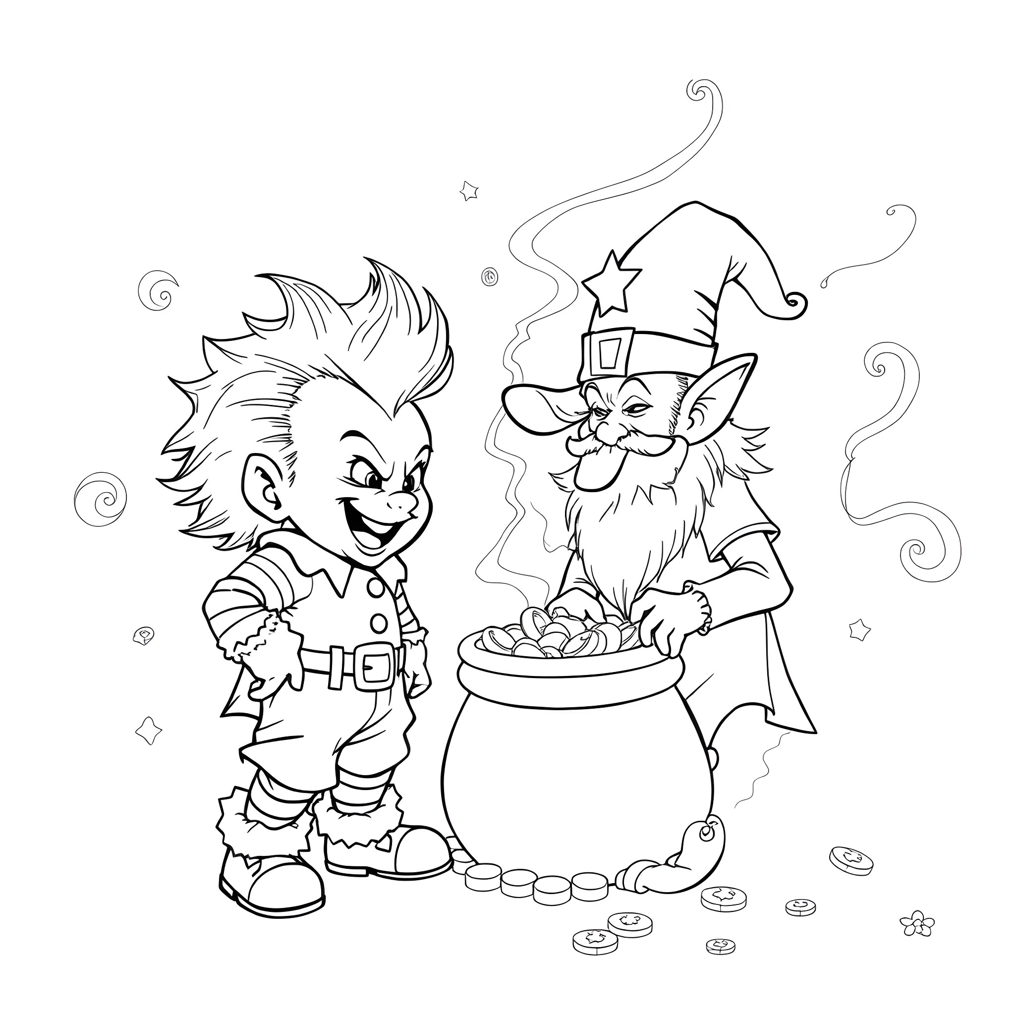 Chucky and Wizard with Cauldron of Gold Coloring Page (free black-and-white line drawing printable PDF for all, from beginners to advanced learners, including children, teens, adults, and seniors)