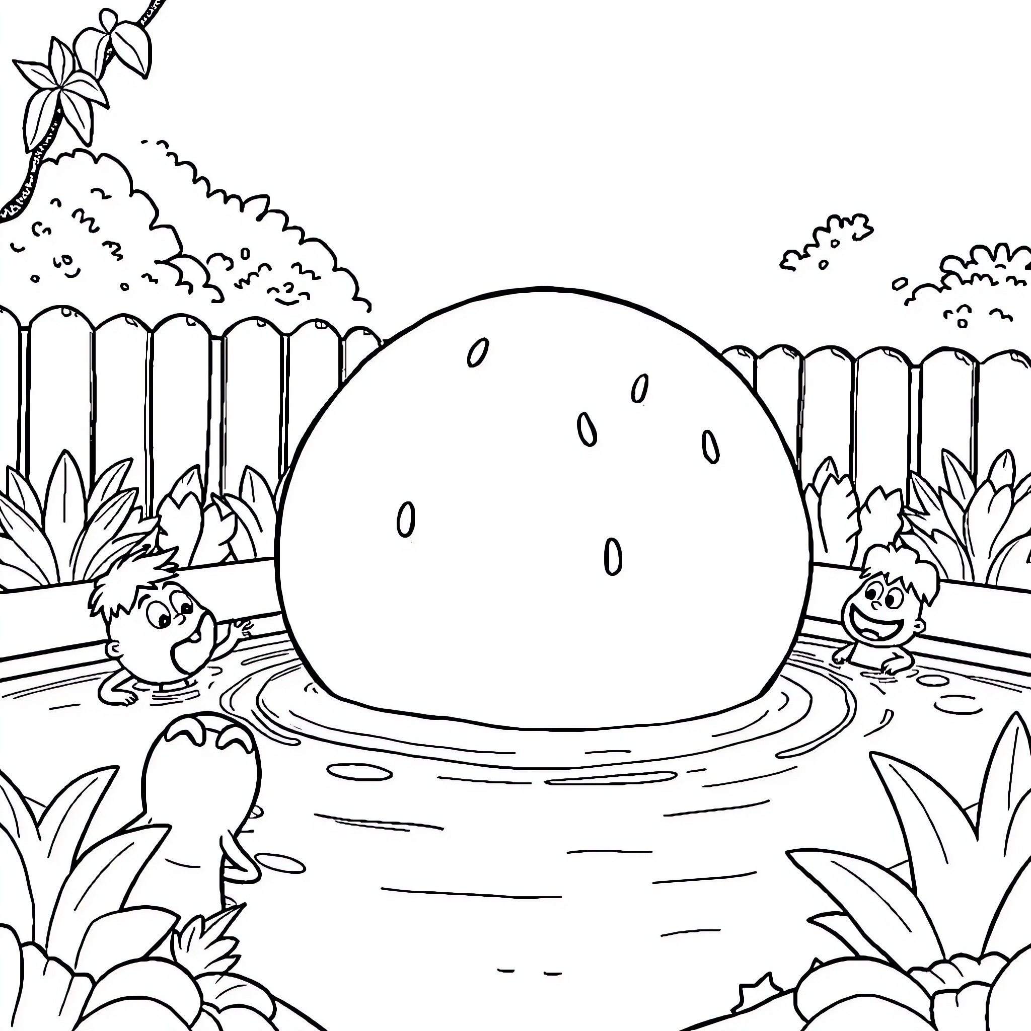 Watermelon in a peaceful nature scene Coloring Page (free black-and-white line drawing printable PDF for all, from beginners to advanced learners, including children, teens, adults, and seniors)