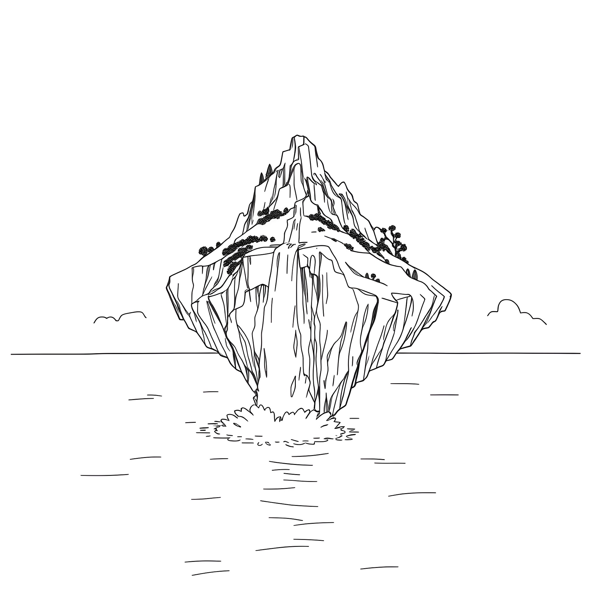 Island of Majestic Iceberg in the Sea Coloring Page (free black-and-white line drawing printable PDF for all, from beginners to advanced learners, including children, teens, adults, and seniors)