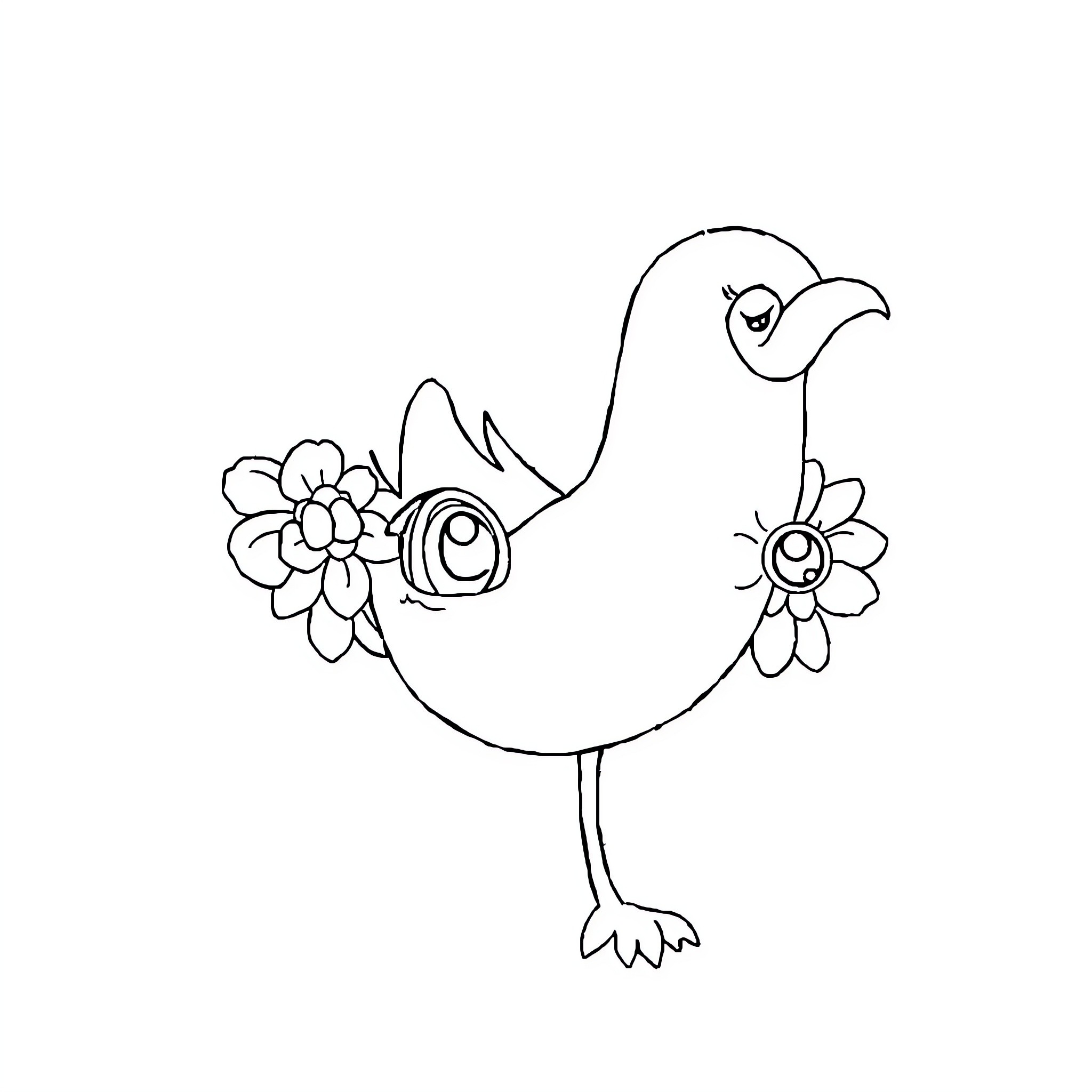 Whimsical bird with floral accents Coloring Page (free black-and-white line drawing printable PDF for all, from beginners to advanced learners, including children, teens, adults, and seniors)
