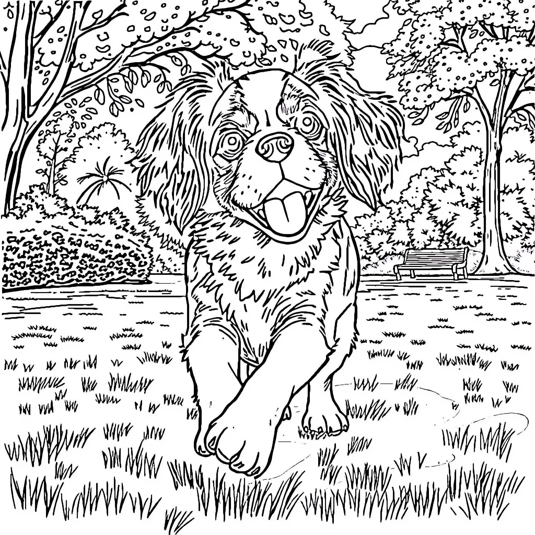 Dog Enjoying Nature Outdoors Coloring Page (free black-and-white line drawing printable PDF for all, from beginners to advanced learners, including children, teens, adults, and seniors)