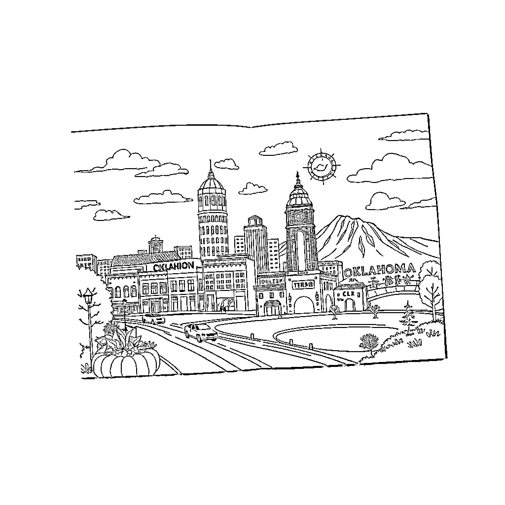 Oklahoma cityscape with iconic landmarks Coloring Page (free black-and-white line drawing printable PDF for all, from beginners to advanced learners, including children, teens, adults, and seniors)