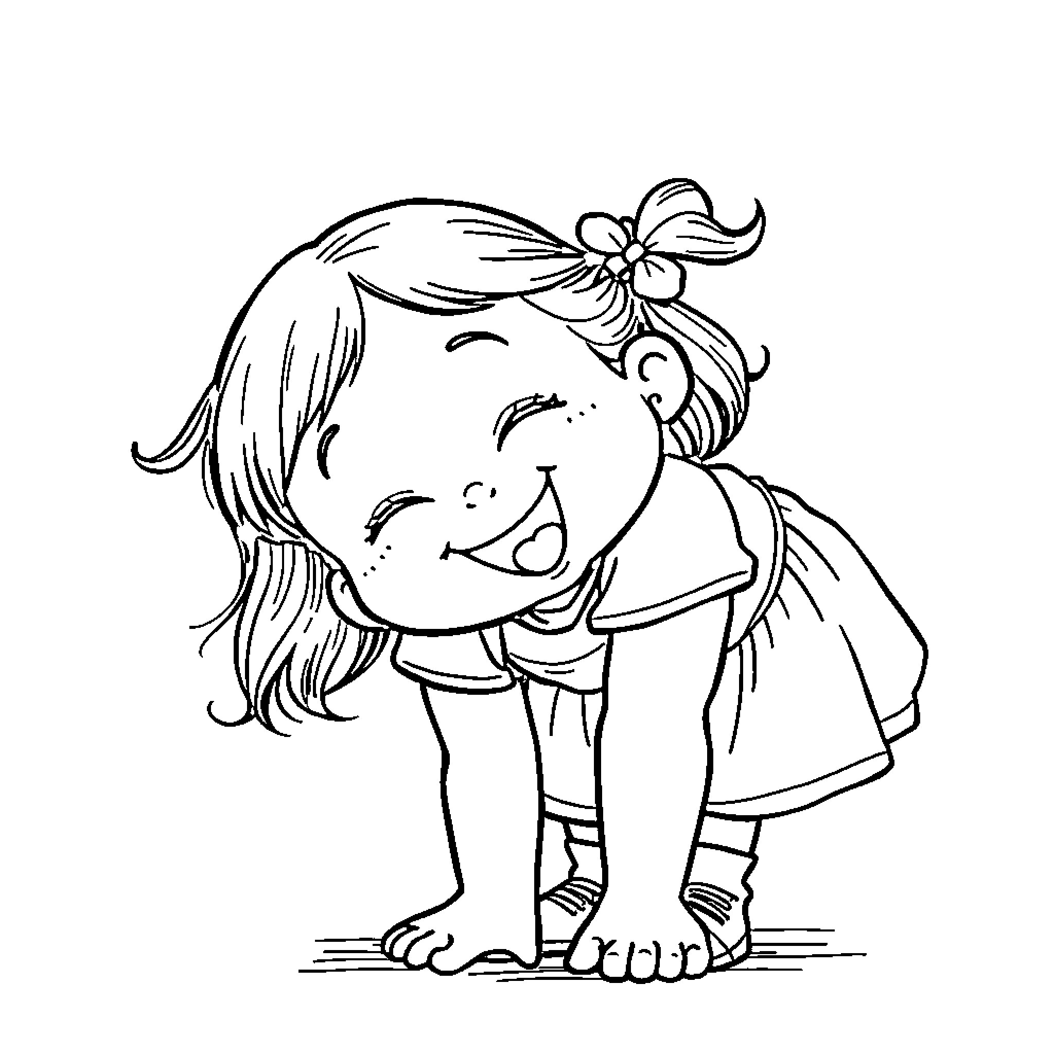 Girl happily playing with a toy Coloring Page (free black-and-white line drawing printable PDF for all, from beginners to advanced learners, including children, teens, adults, and seniors)