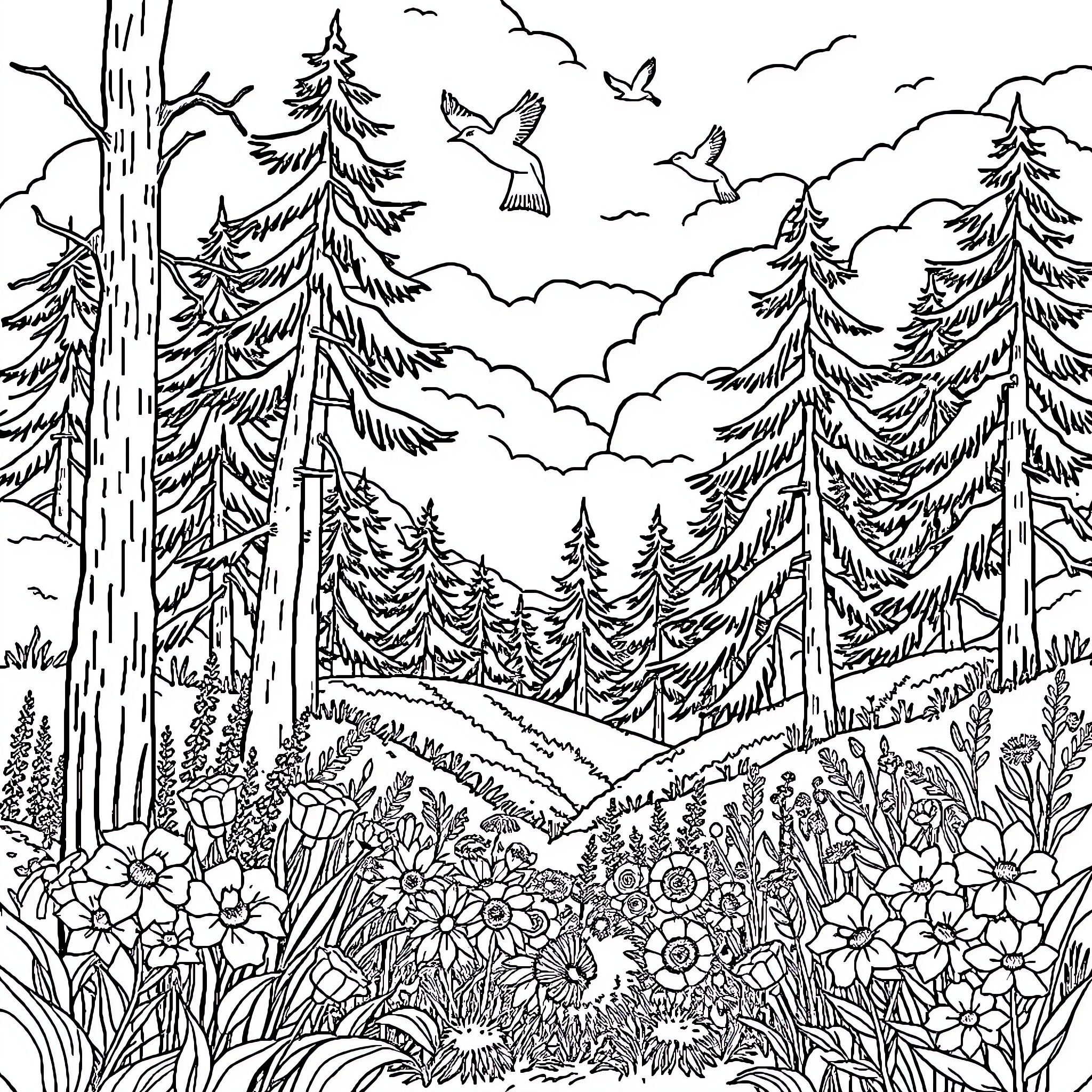 Nature's Serene Forest Landscape Coloring Page (free black-and-white line drawing printable PDF for all, from beginners to advanced learners, including children, teens, adults, and seniors)