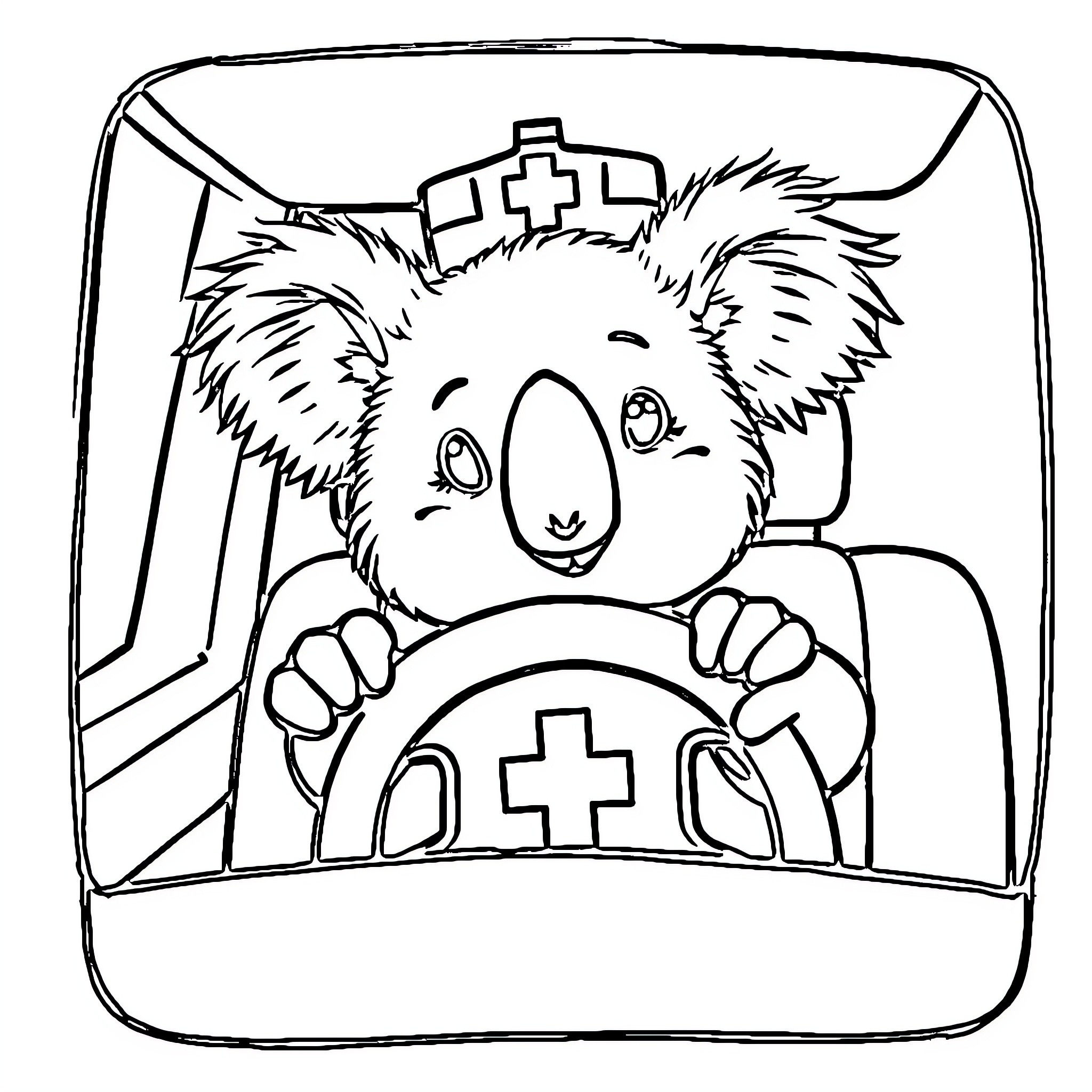 Koala nurse caring for patients in hospital Coloring Page (free black-and-white line drawing printable PDF for all, from beginners to advanced learners, including children, teens, adults, and seniors)