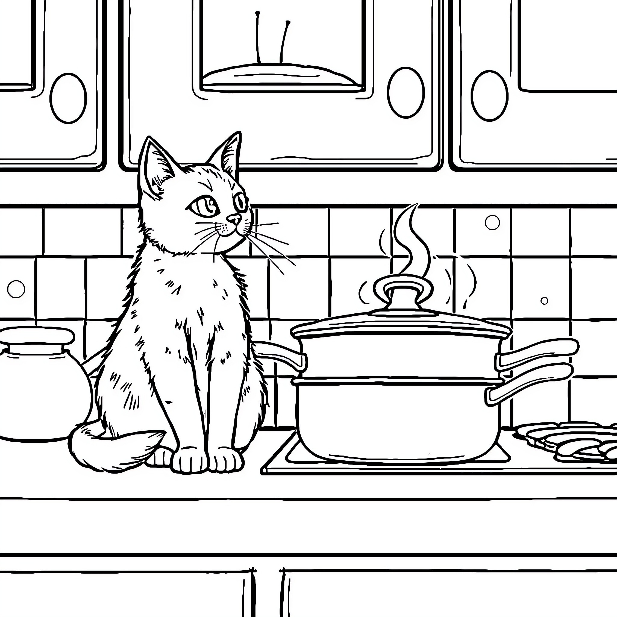 Cat observing kitchen activity in cozy setting Coloring Page (free black-and-white line drawing printable PDF for all, from beginners to advanced learners, including children, teens, adults, and seniors)
