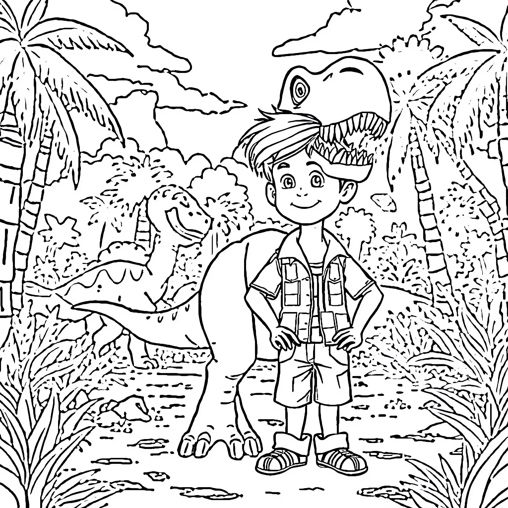 Owen Grady exploring the tropical jungle with dinosaurs Coloring Page (free black-and-white line drawing printable PDF for all, from beginners to advanced learners, including children, teens, adults, and seniors)
