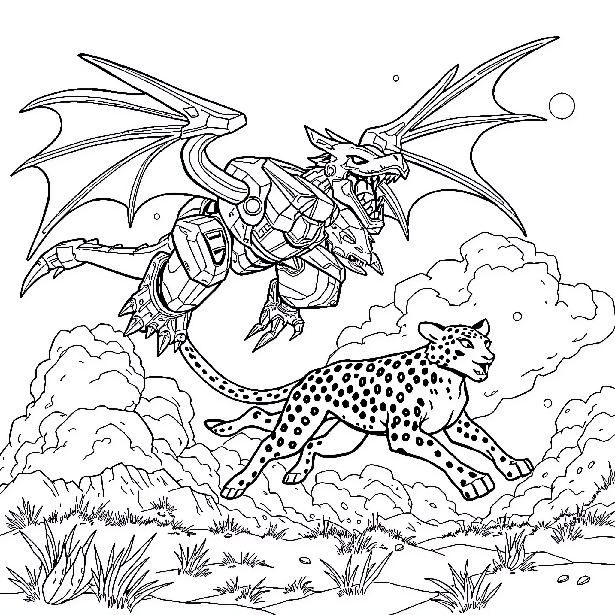 Dragon battles a fierce leopard in the wilderness Coloring Page (free black-and-white line drawing printable PDF for all, from beginners to advanced learners, including children, teens, adults, and seniors)