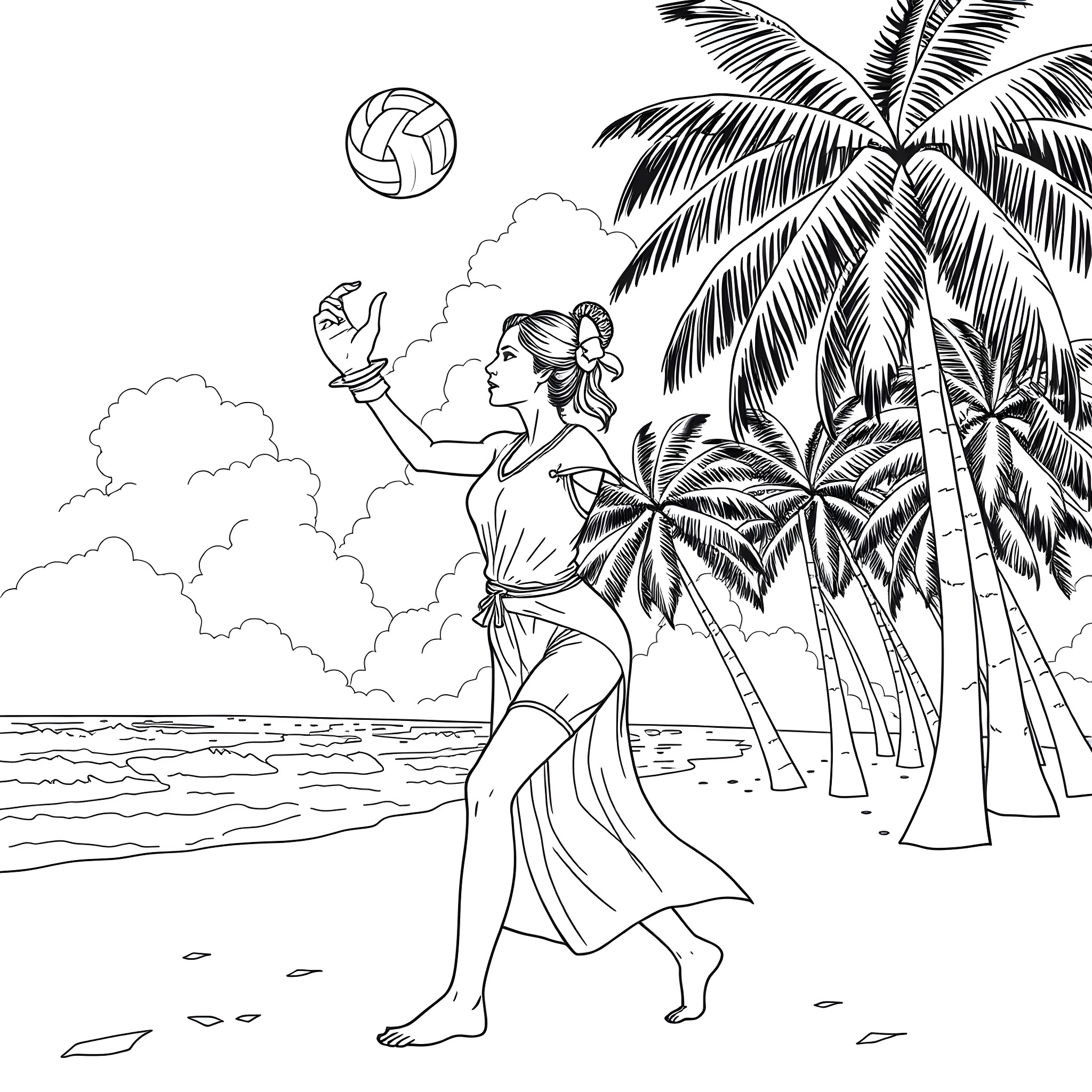 Princess Leia playing volleyball on a tropical beach Coloring Page (free black-and-white line drawing printable PDF for all, from beginners to advanced learners, including children, teens, adults, and seniors)
