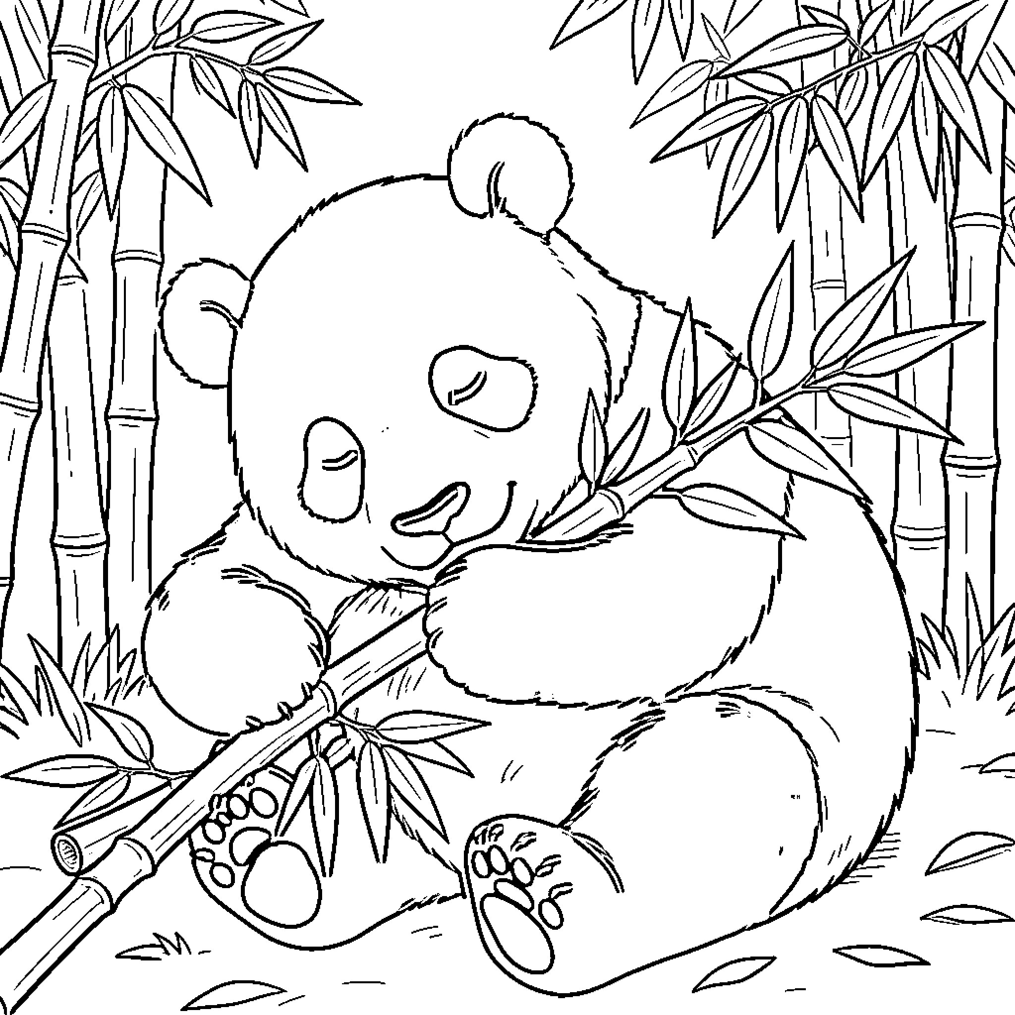 Panda resting peacefully in bamboo forest Coloring Page (free black-and-white line drawing printable PDF for all, from beginners to advanced learners, including children, teens, adults, and seniors)